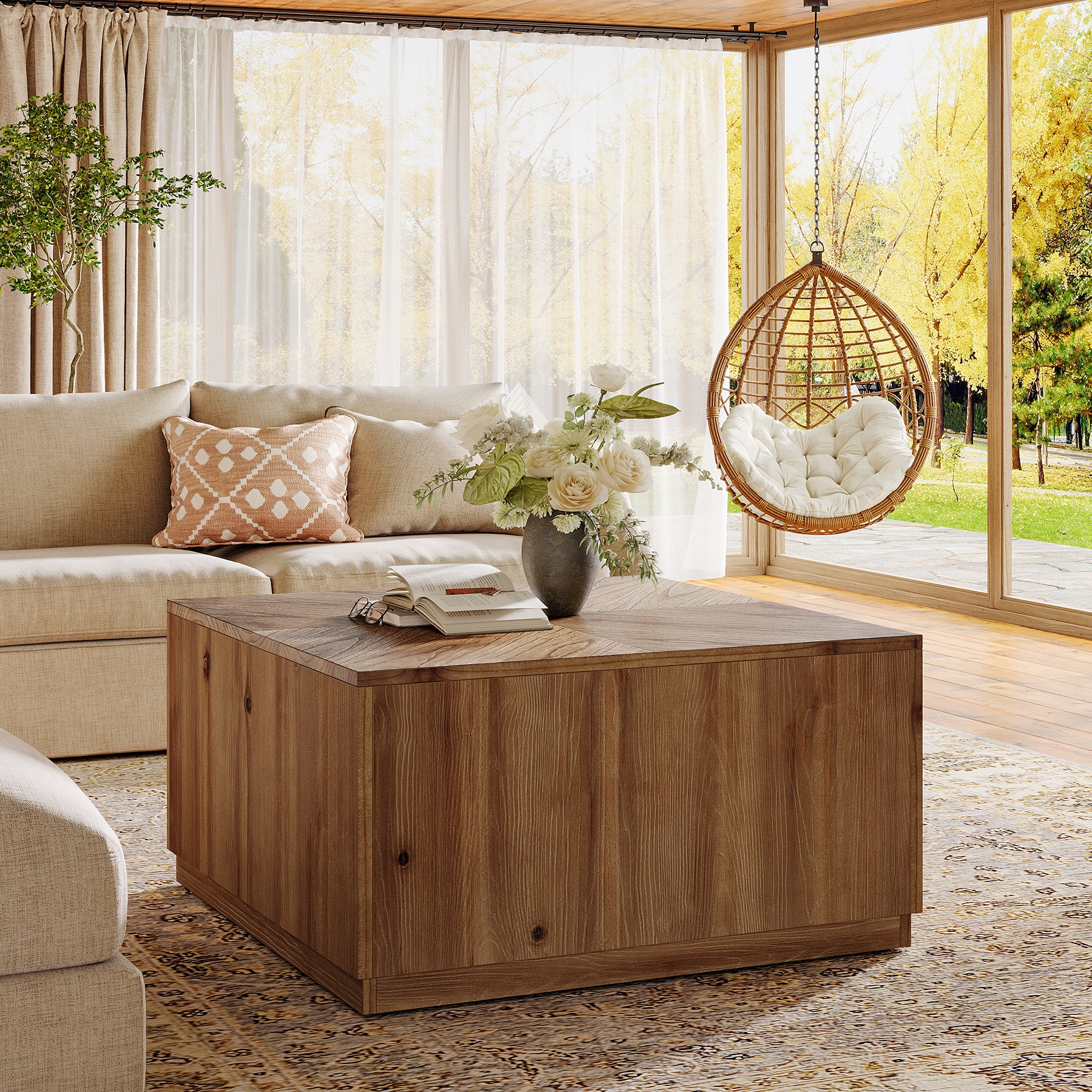 31.5" Solid Wood Coffee Table, Square Center Cocktail Table with Parquet Top