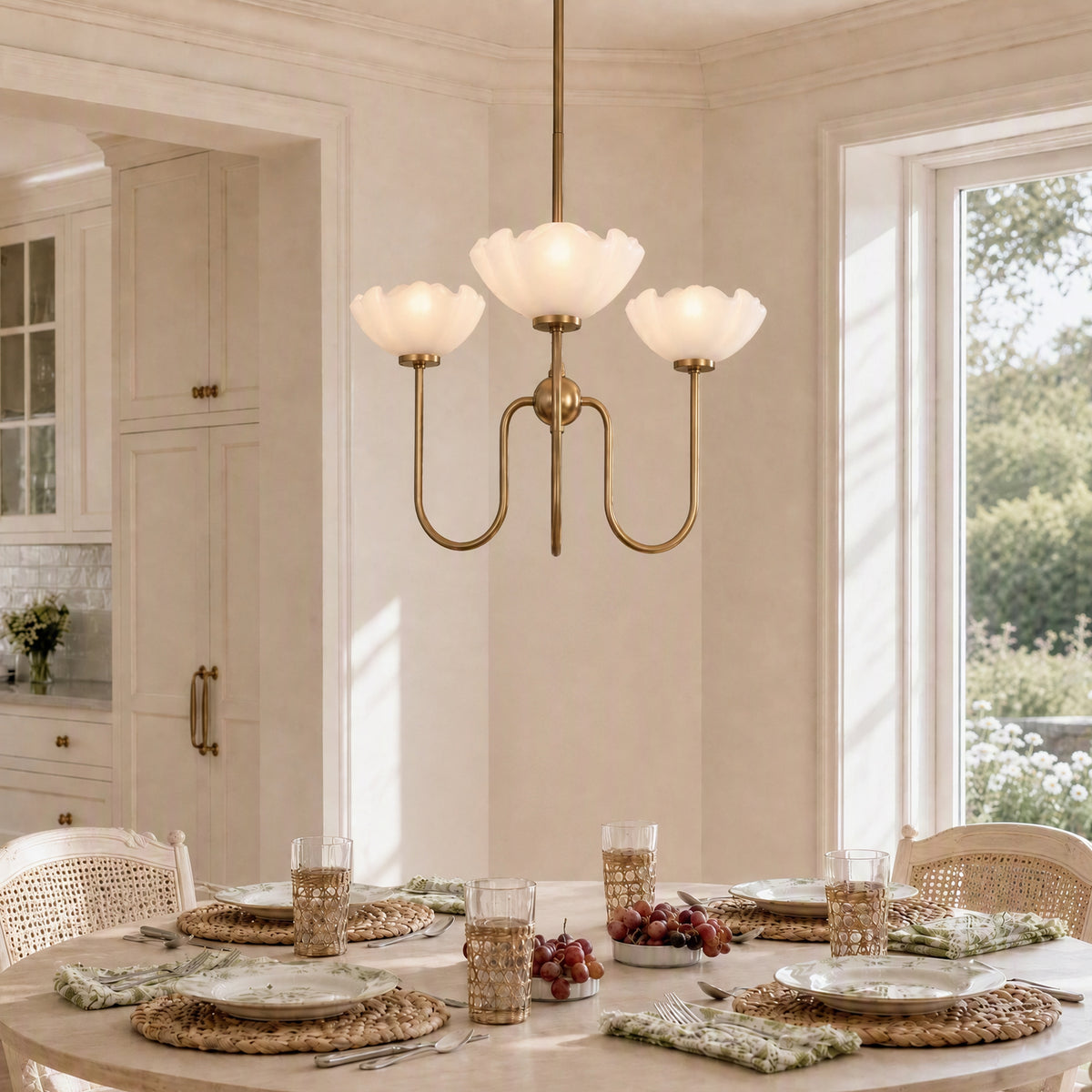 3-Light 20" Gold Floral Glass Chandelier, Modern Pendant Light