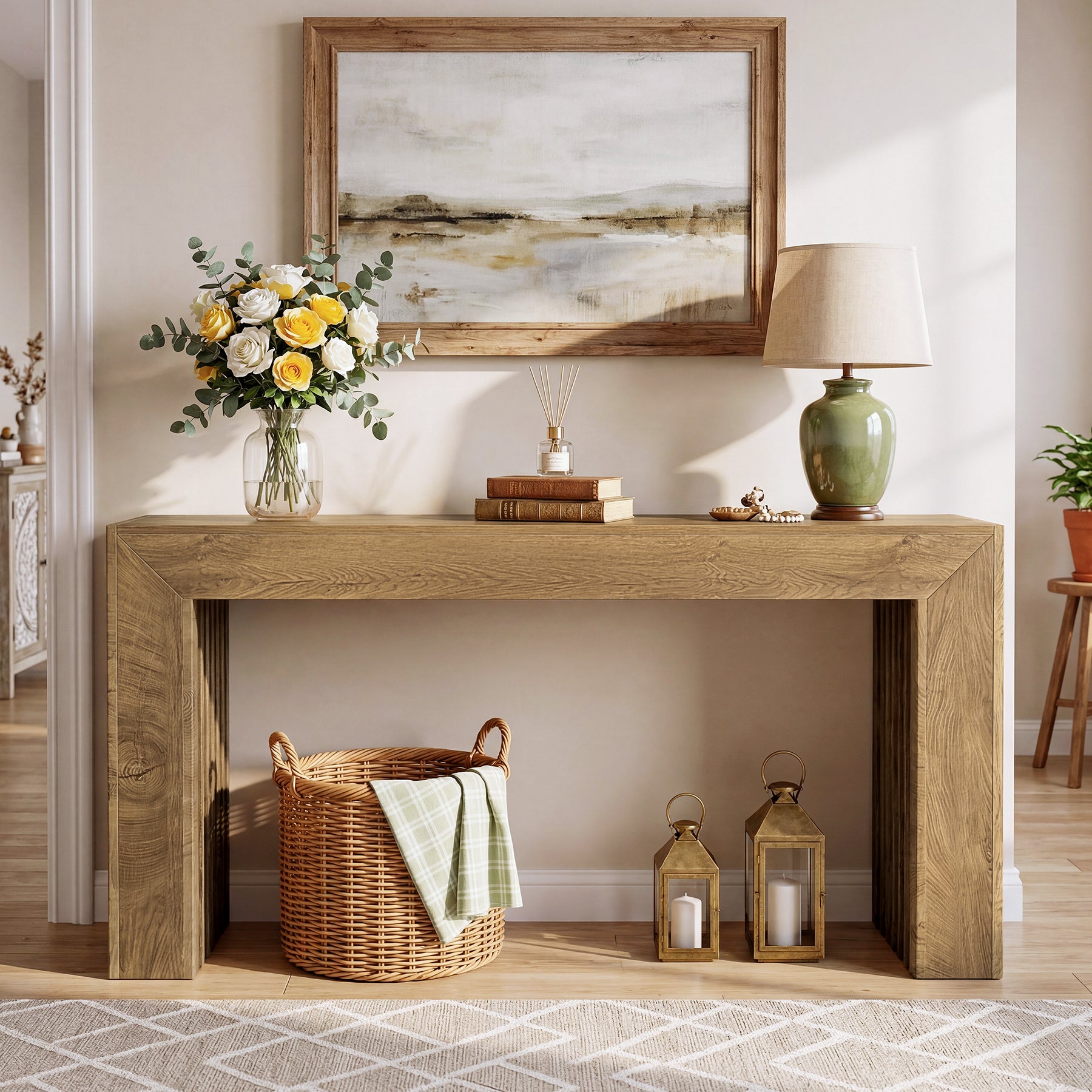 63" Fluted Console Table with Roman Column Legs, Narrow Farmhouse Entryway Sofa Table with Wood-Grain Finish