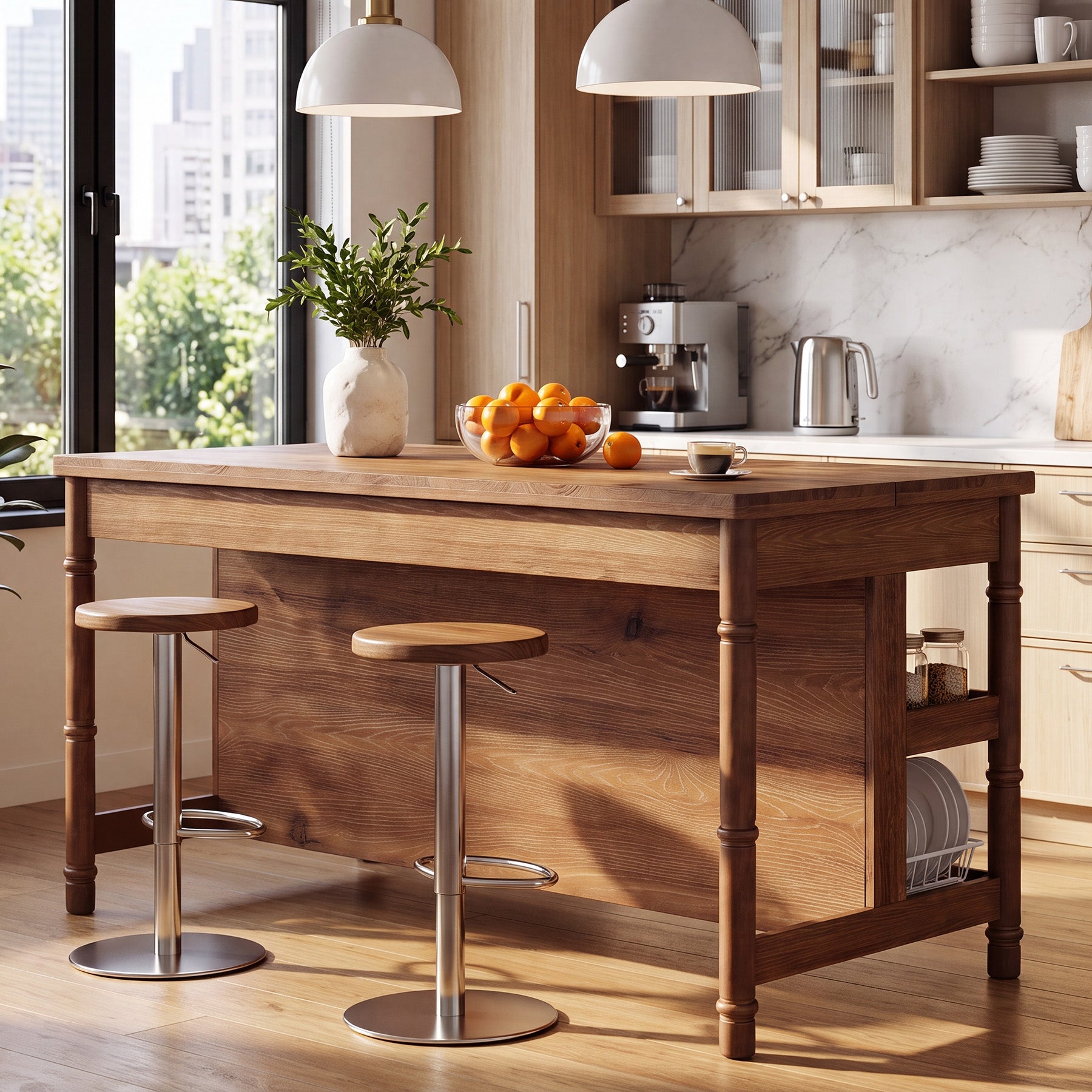 63" Kitchen Island Table with Storage & Seating, Farmhouse Wood Island with 3-Tier Shelves