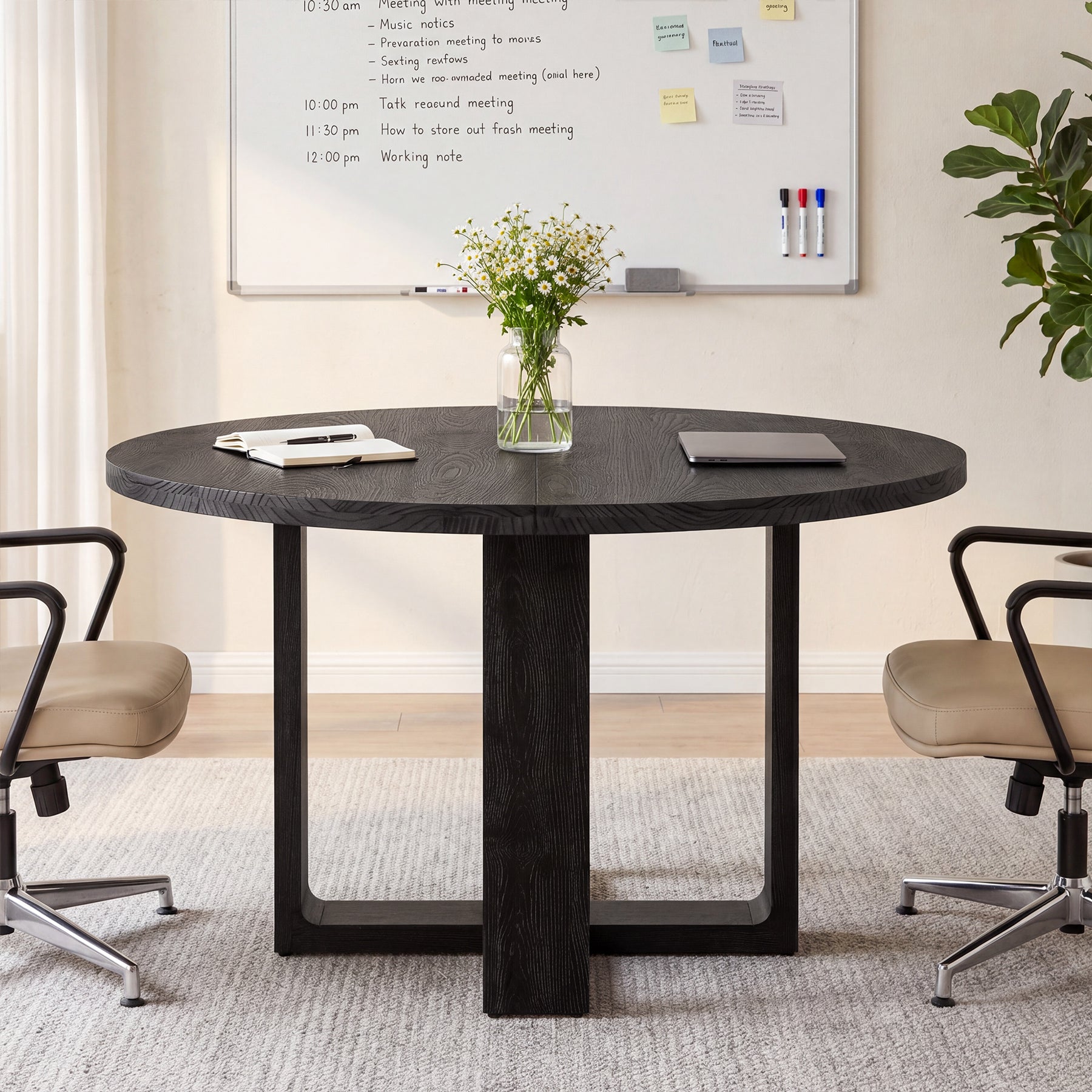 47.24" Black Solid Wood Conference Table, Round Meeting Table for 4–6 People with Cross-Shaped Base