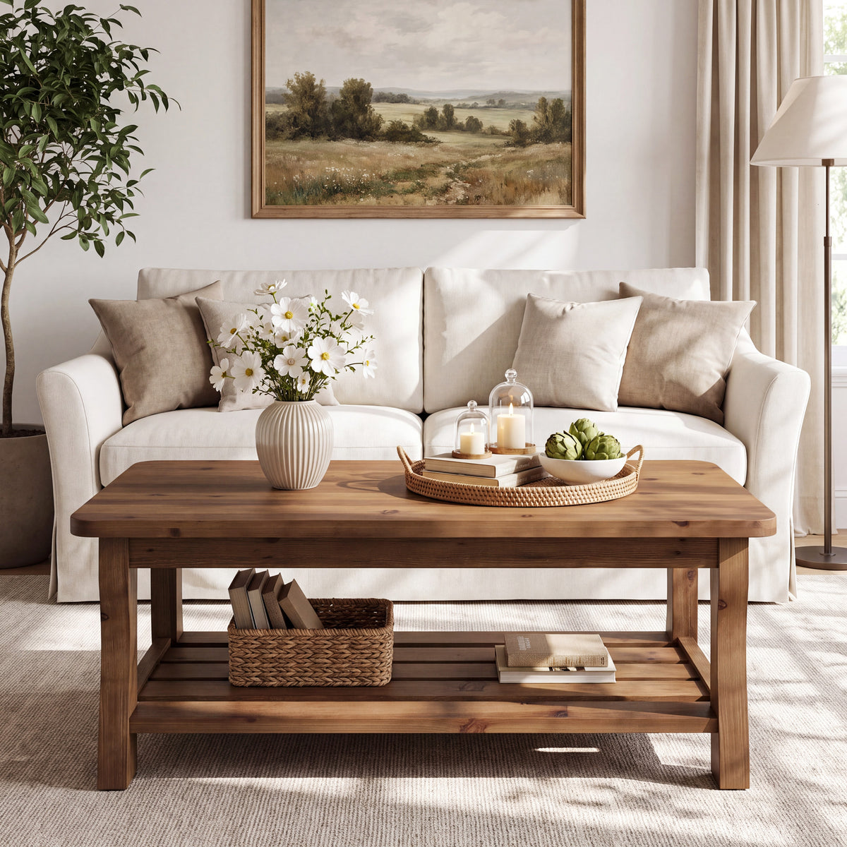 47" Modern Solid Wood Coffee Table, Rectangle 2-Tier Storage Shelf, Center Table, Living Room