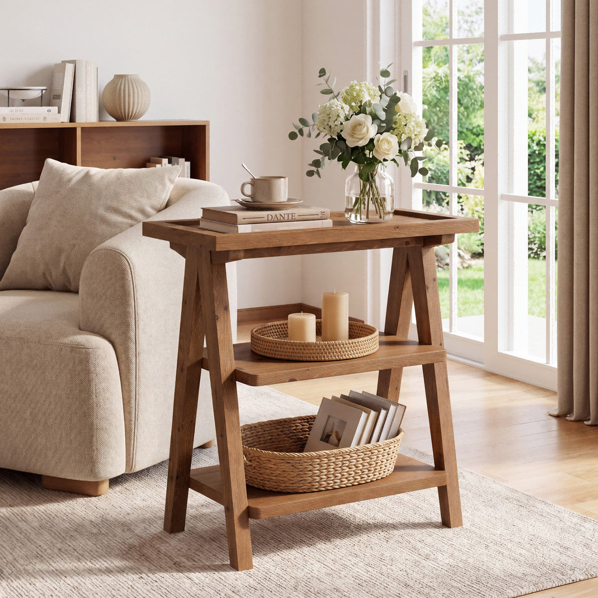 Solid Wood End Table, 3-Tier Side Table Farmhouse Accent Table for Small Spaces