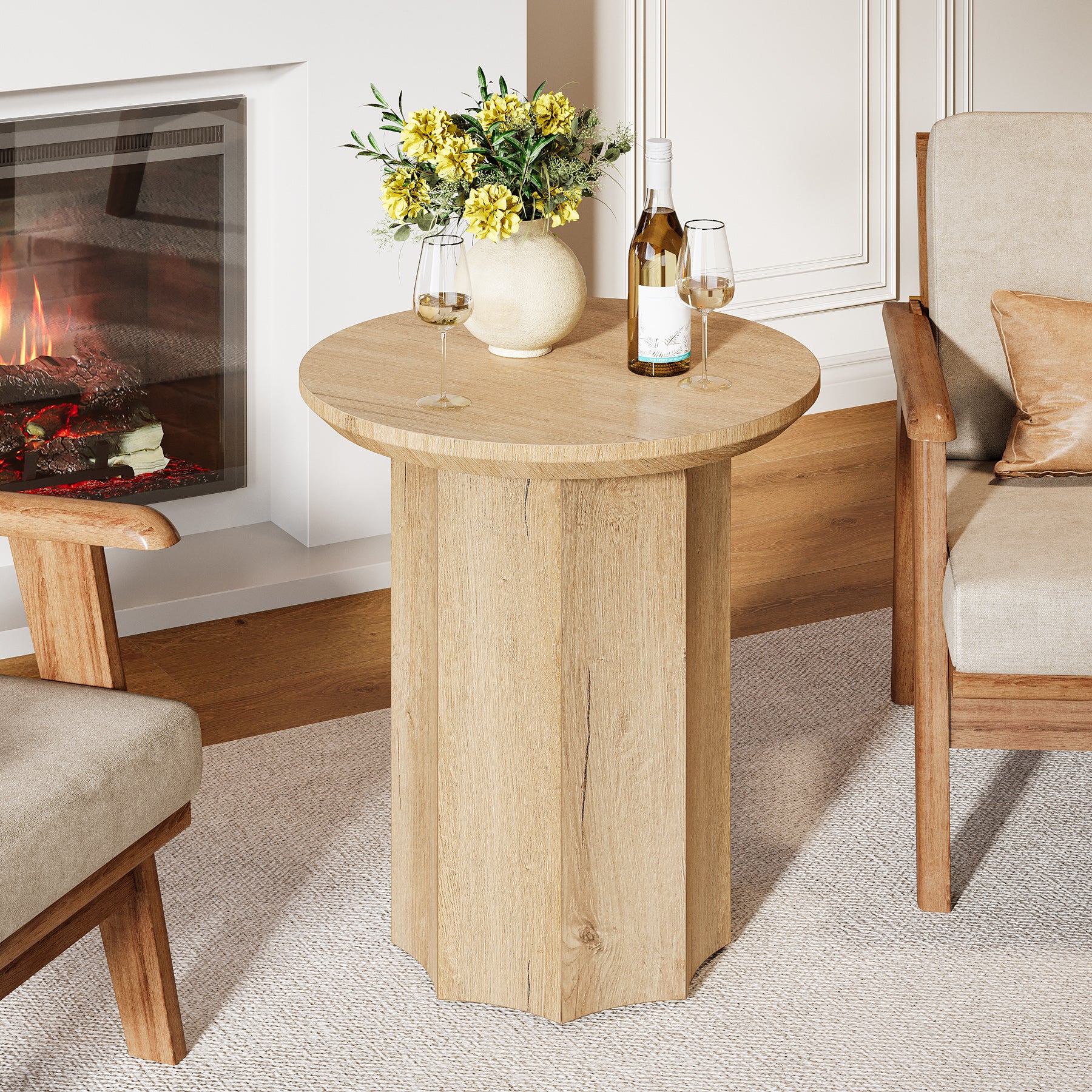 Round End Table, Wooden Pedestal Side Table with Octagonal Base