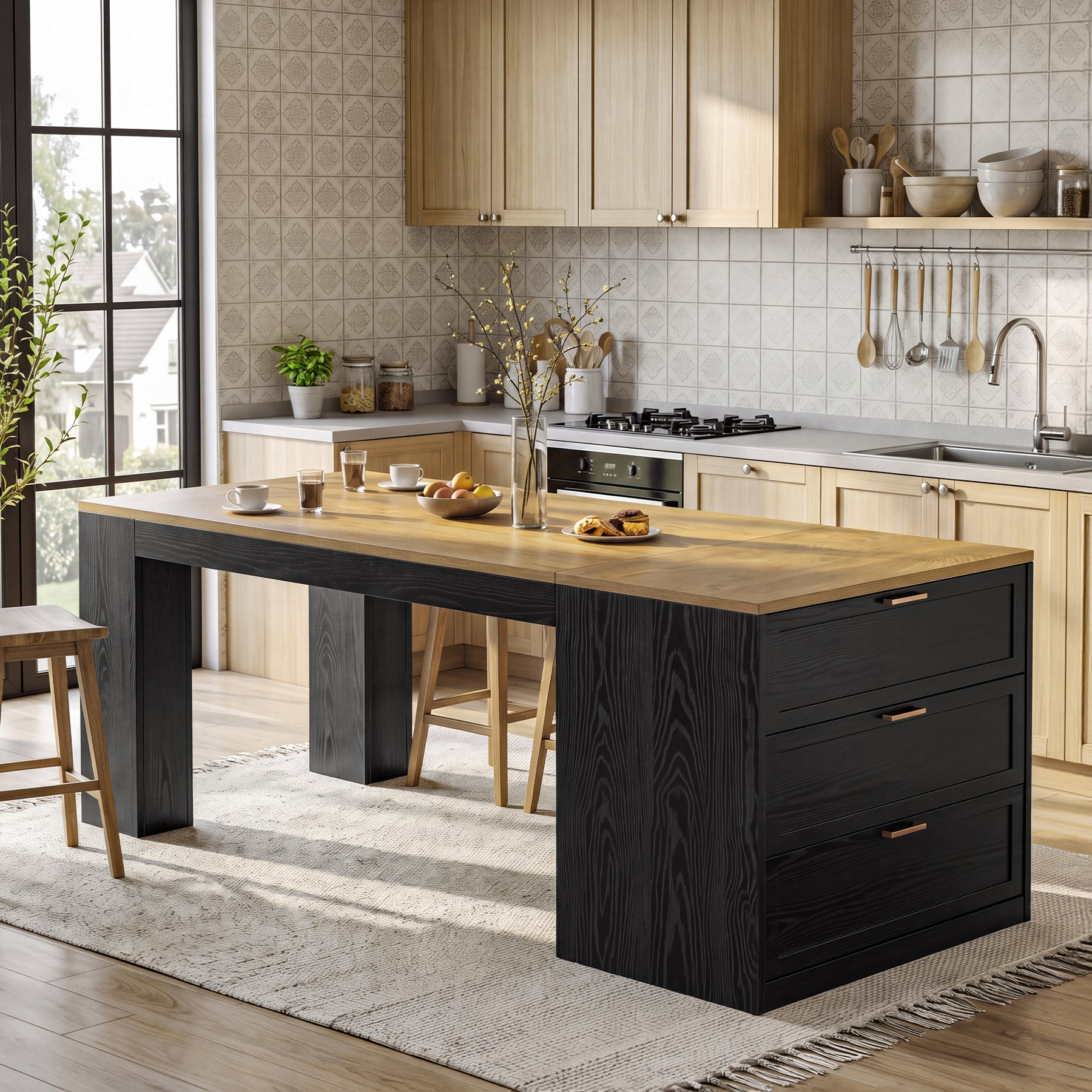 78.7" Extra Long Kitchen Island with 3 Drawers, Modern Prep Table, Large Leg Room
