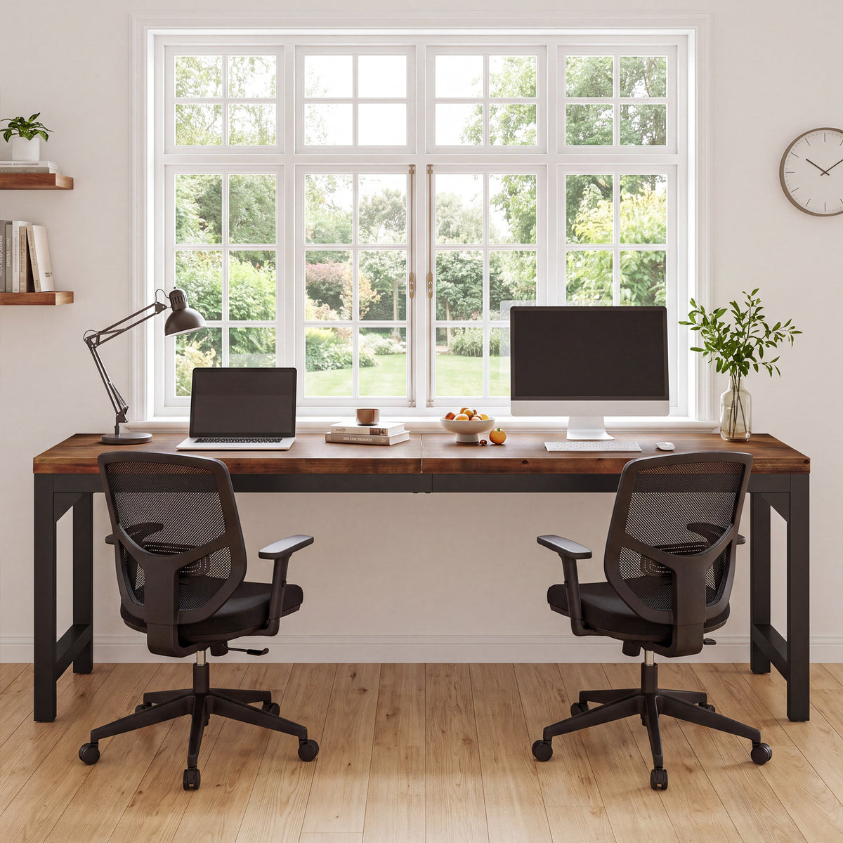 Solid Wood 2-Person Desk, 78.74" Computer Desk with Metal Frame for  Home Office