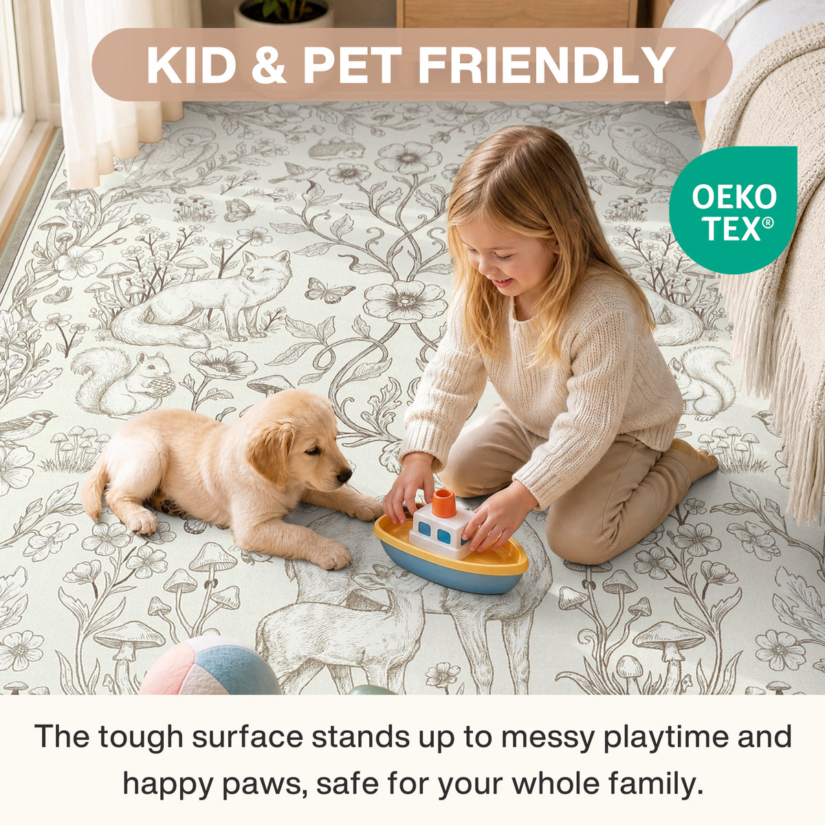 Whimsical Woodland Botanical Area Rug, Soft Low Pile Washable Non Slip Indoor Carpet