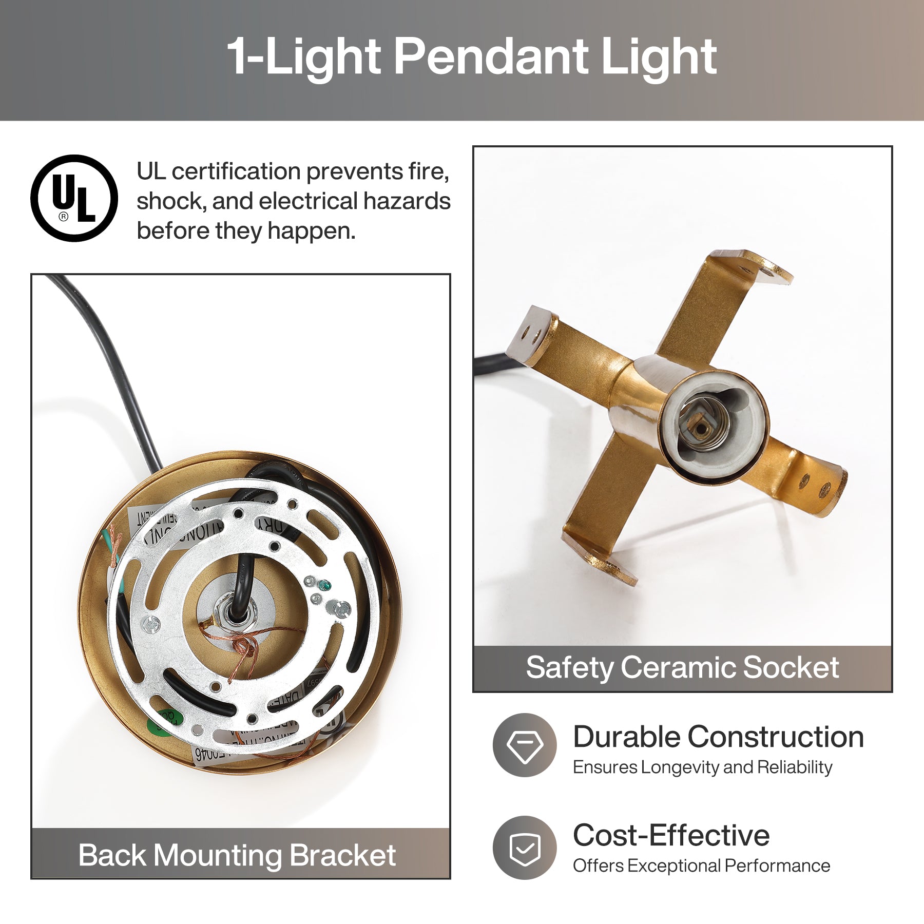 1-Light Pendant Light with Smoky Glass Shade & Adjustable Height