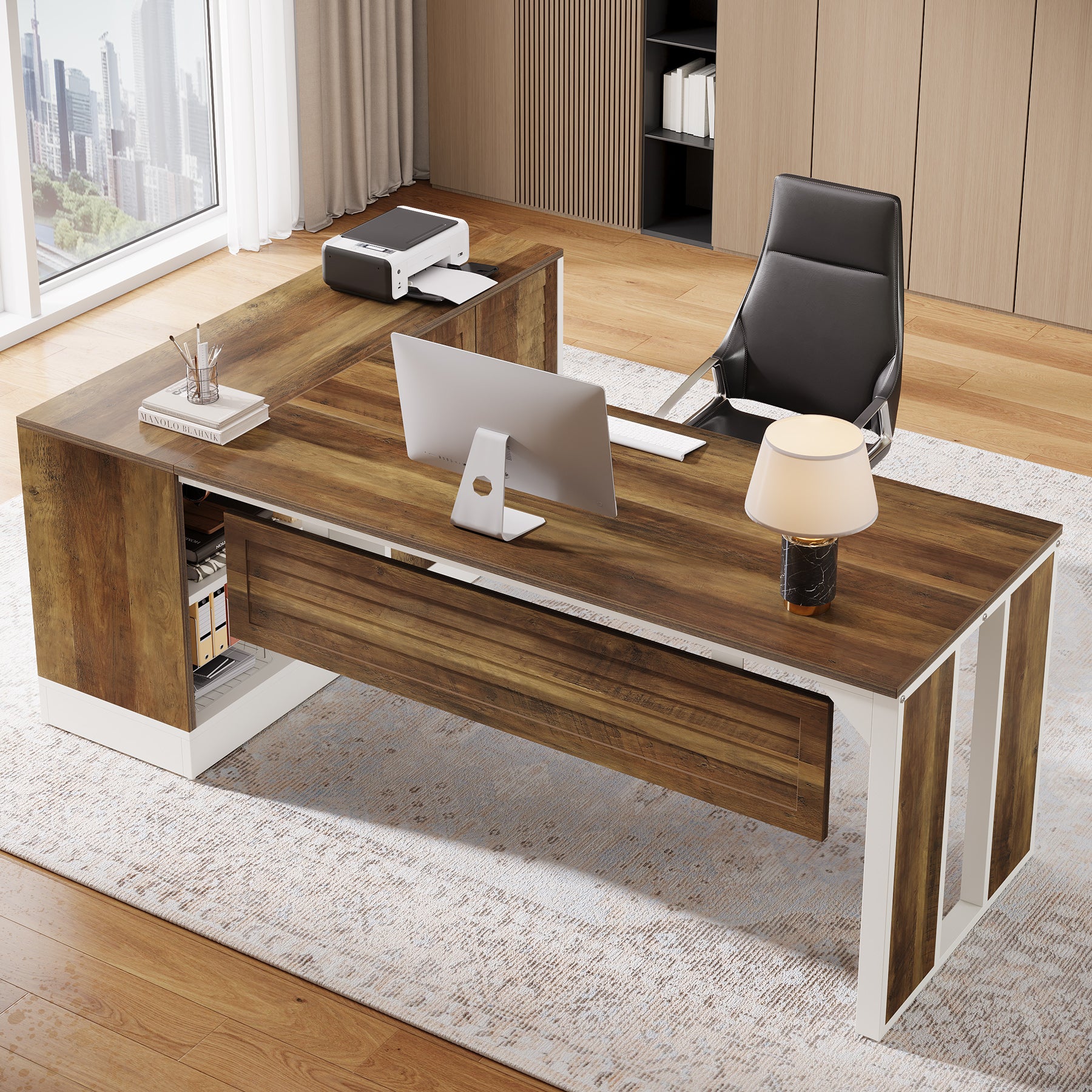 L - Shaped Executive Desk, 70.87" Office Desk with Storage Cabinet Tribesigns