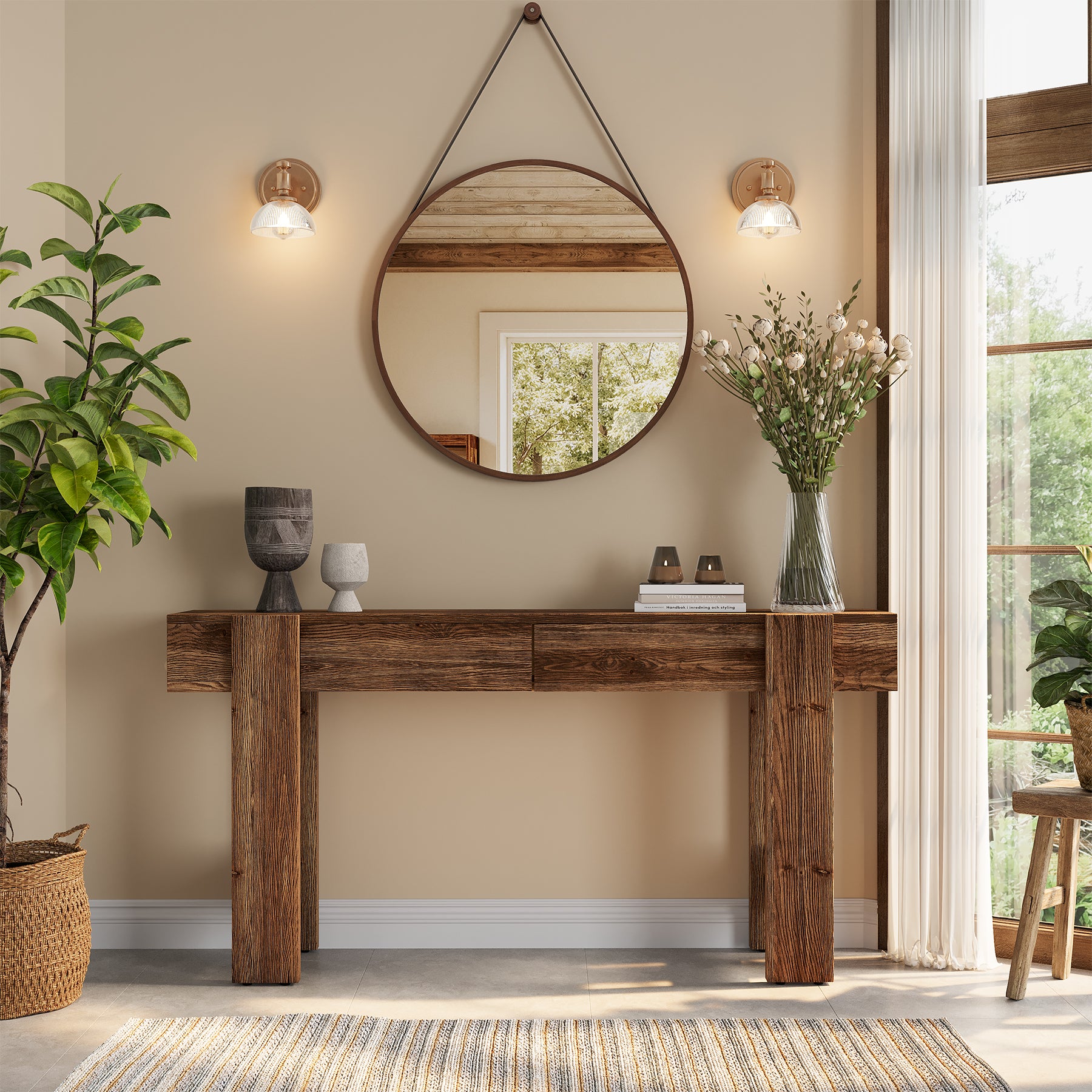 Solid Wood Console Table, 63" Long Entryway Table with 2 Drawers