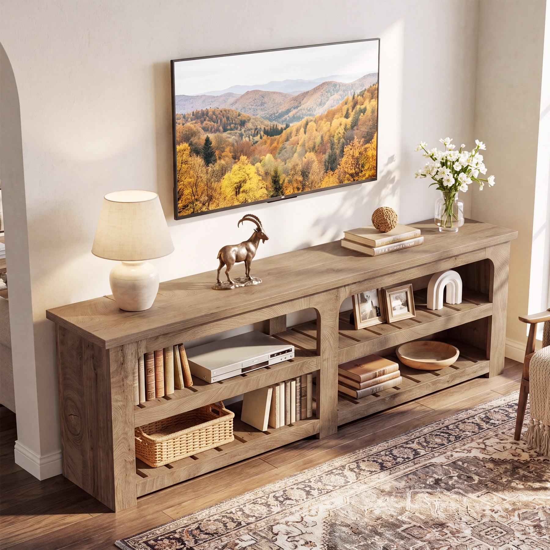 71" TV Stand for 75" TV, Farmhouse 2-Tier Entertainment Center, Storage Shelves, Living Room