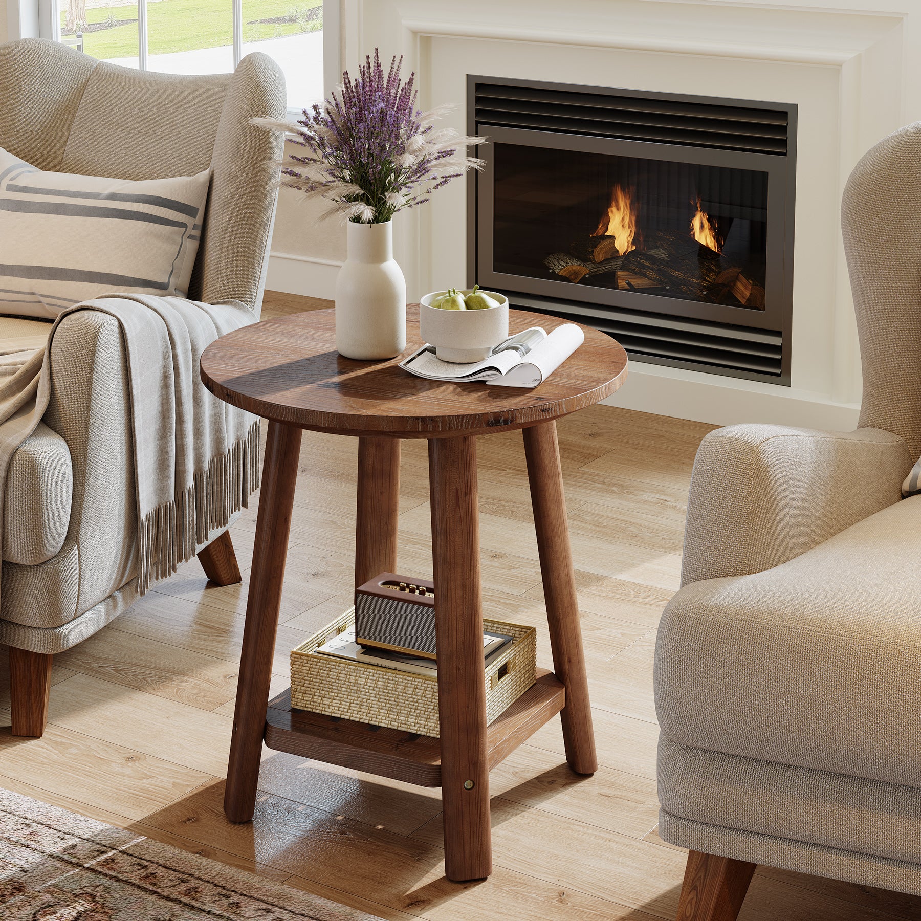 23.62" Round Solid Wood Side Table, 2-Tier Farmhouse Storage Shelf Walnut