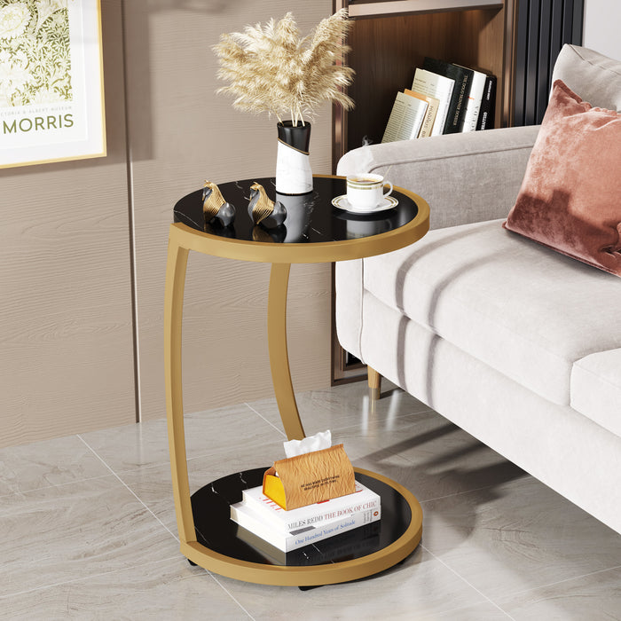 2-Tier Faux Marble End Table, 17.7" Round C-Shaped Sofa Side Table Tribesigns