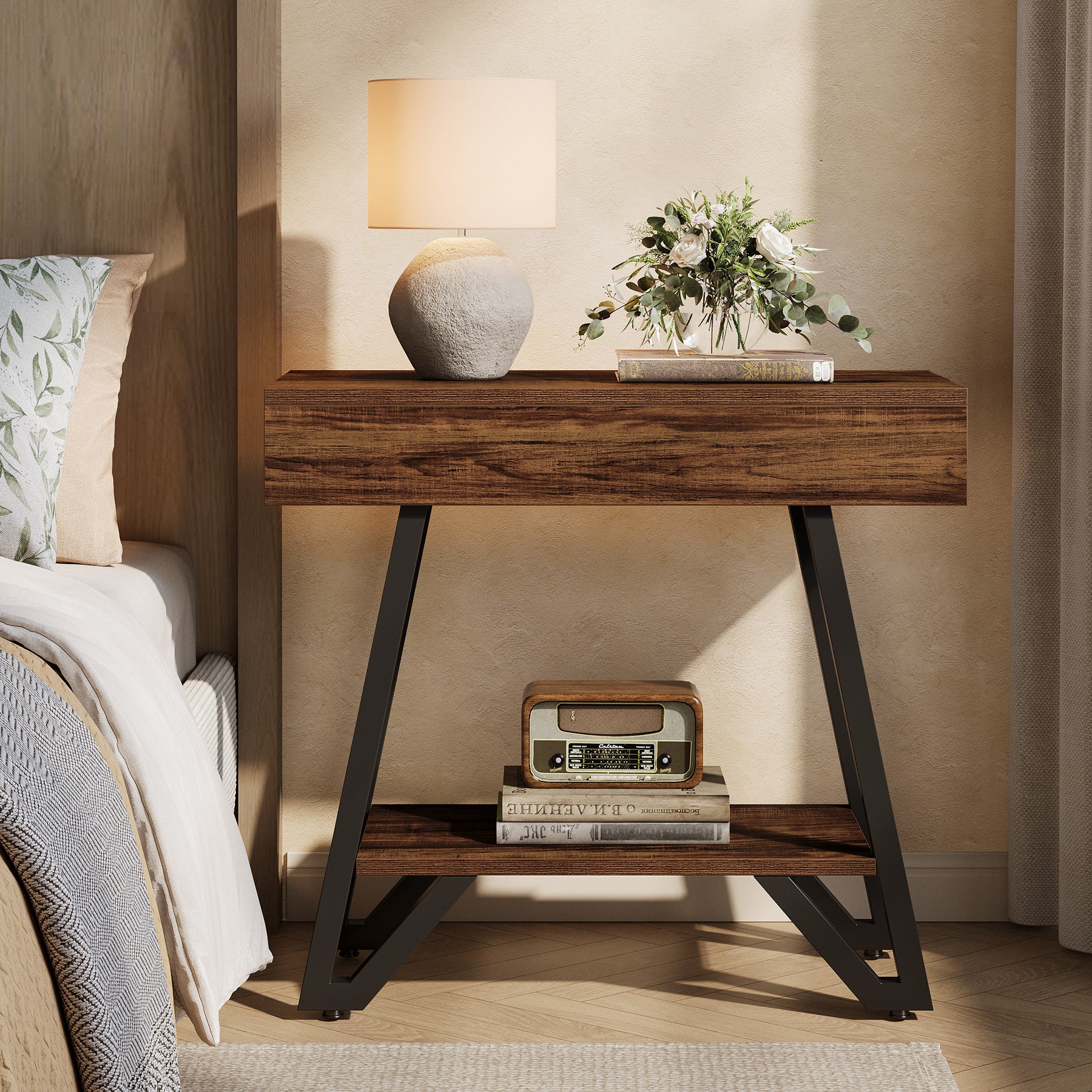 Narrow End Table,Couch Arm Side Table Nightstand with Storage Shelves