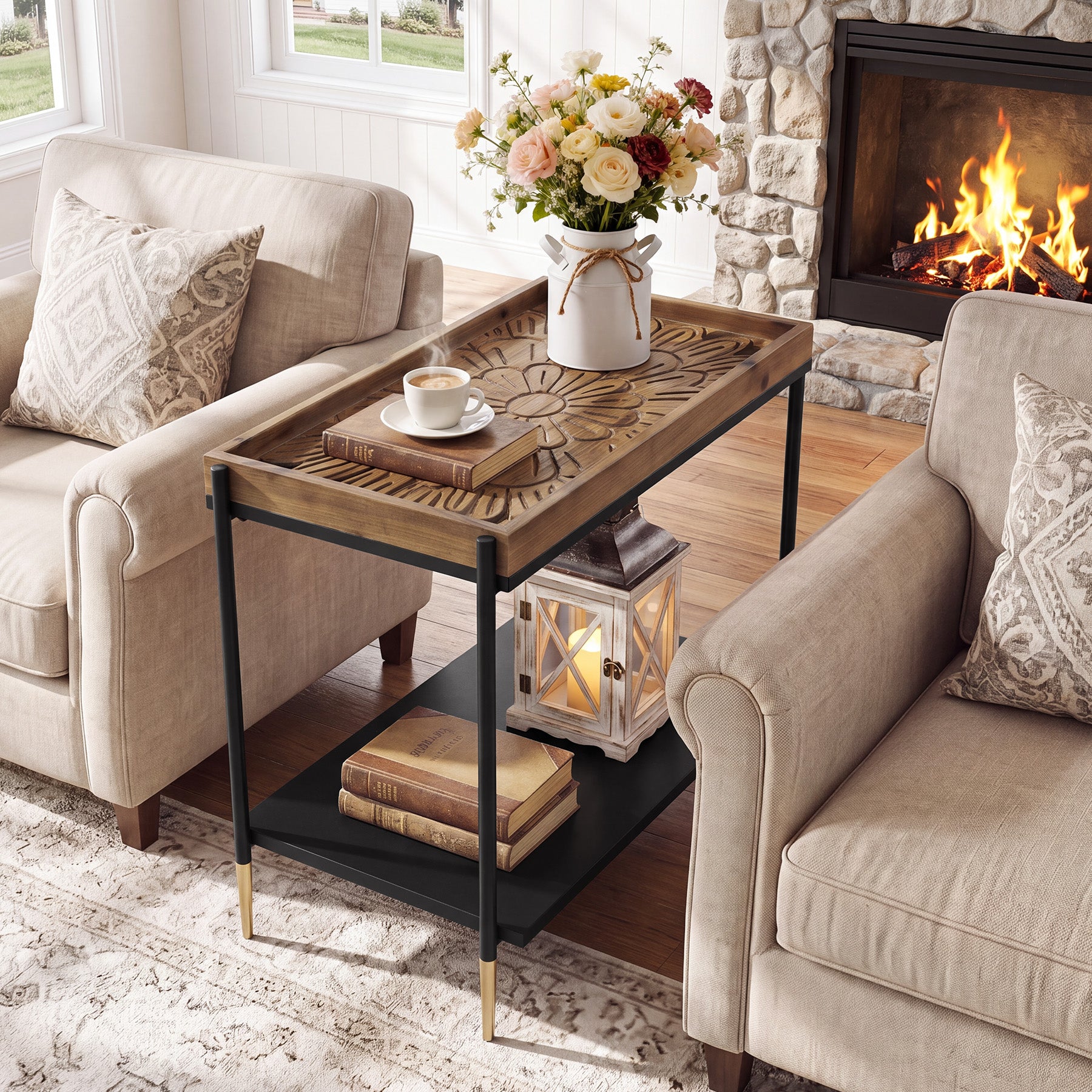 27.5" 2-Tier End Table with Storage Shelf, Solid Wood Side Table for Living Room
