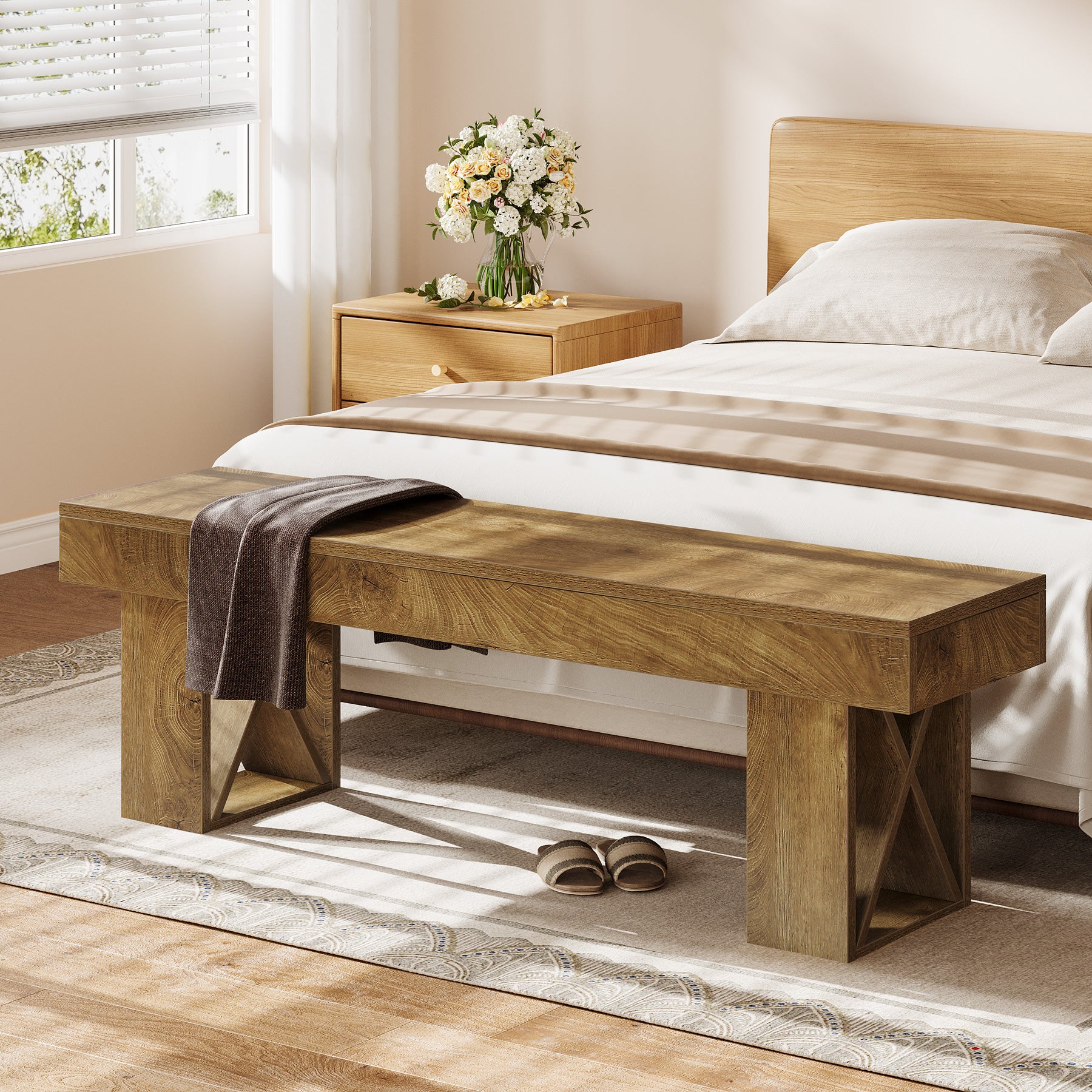 55" Entryway Bench, Farmhouse Shoe Bench Indoor End of Bed Stool