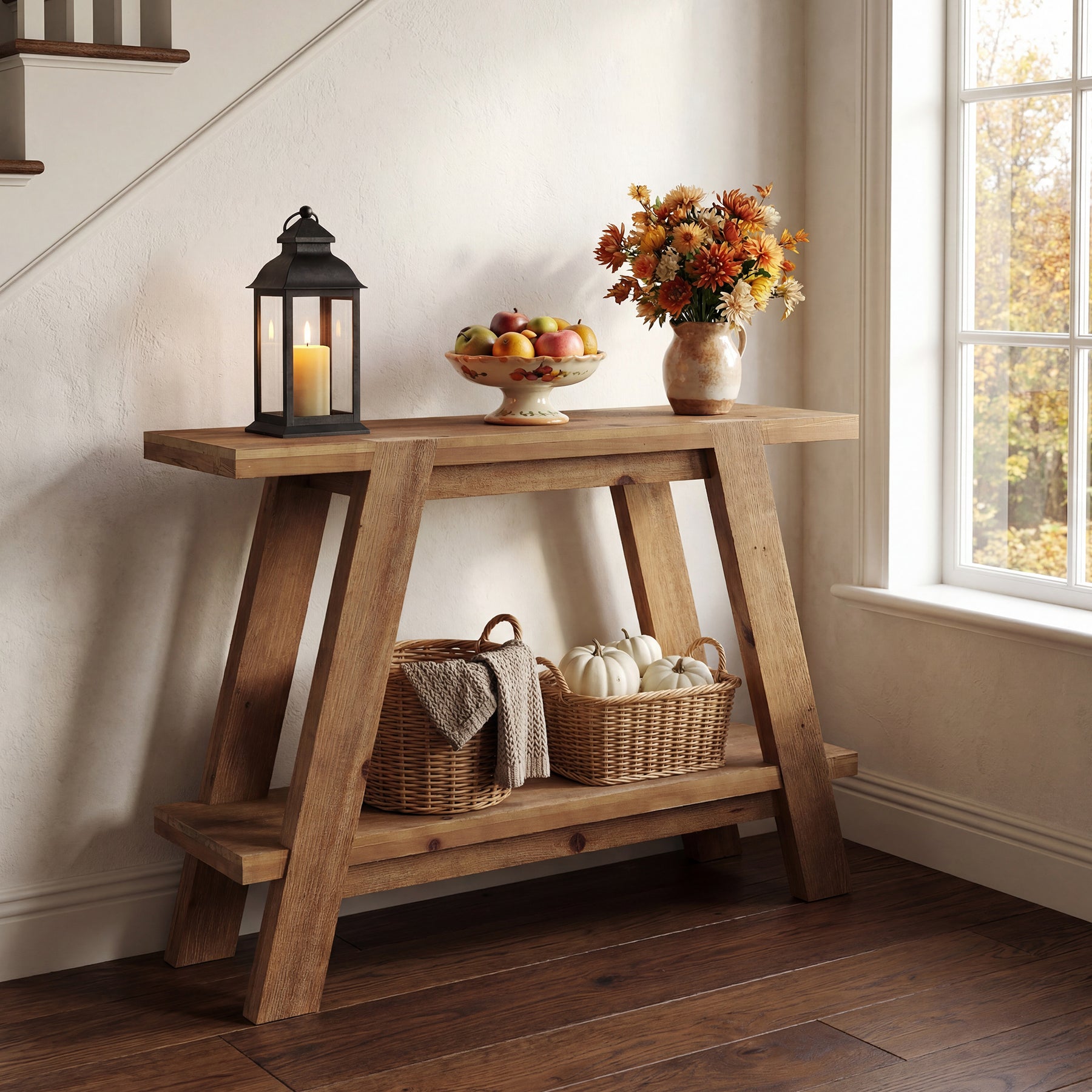 43" Narrow Console Table, 2-Tier Solid Wood Sofa Entryway Table