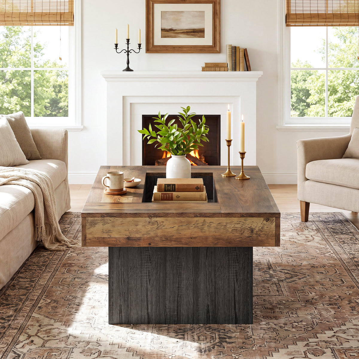 47.24 Inch Coffee Table with Recessed Storage Center, Rustic Modern Living Room Center Table