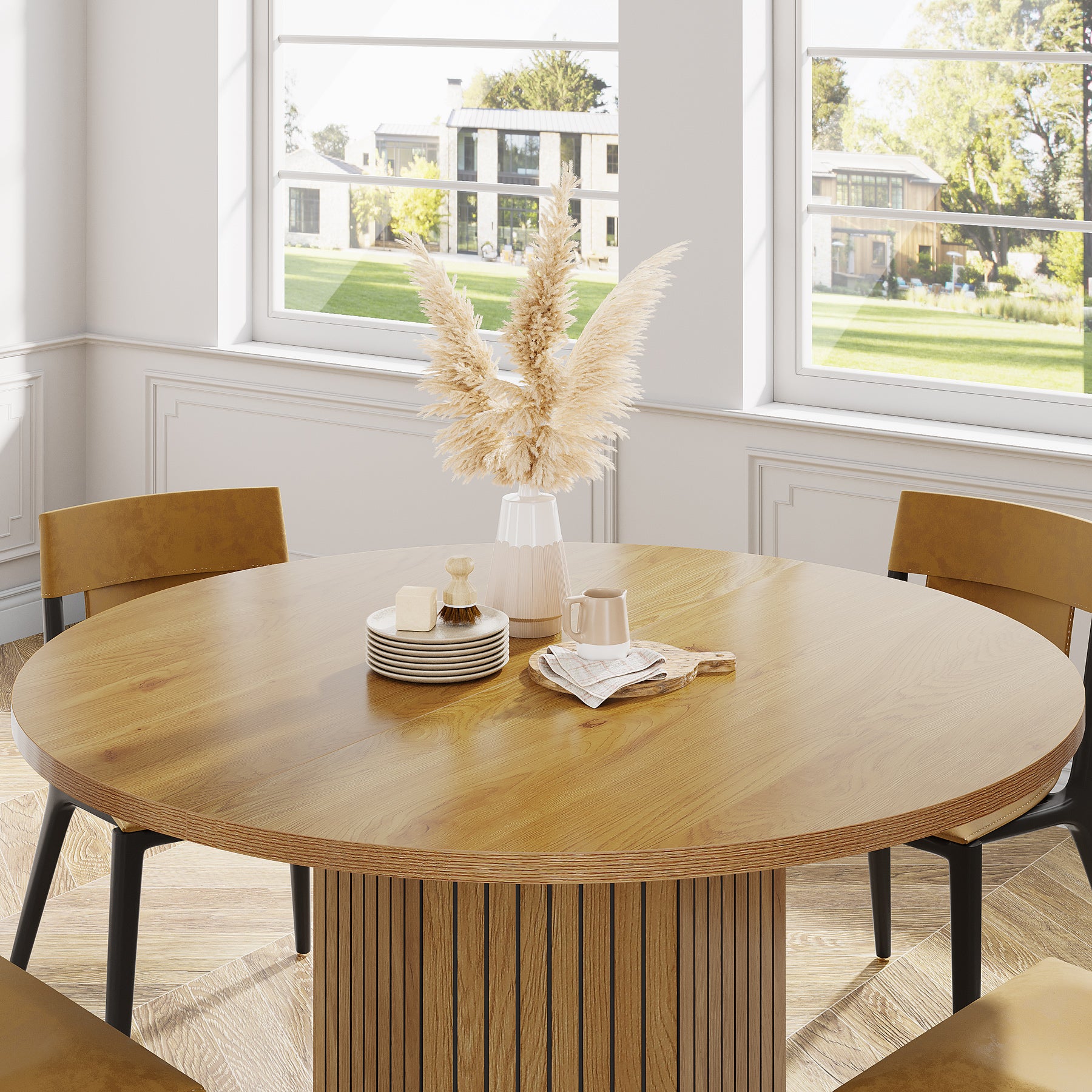 Wood Round Dining Table 47 Inch Kitchen Table with Pedestal Base - Thumbnail 2