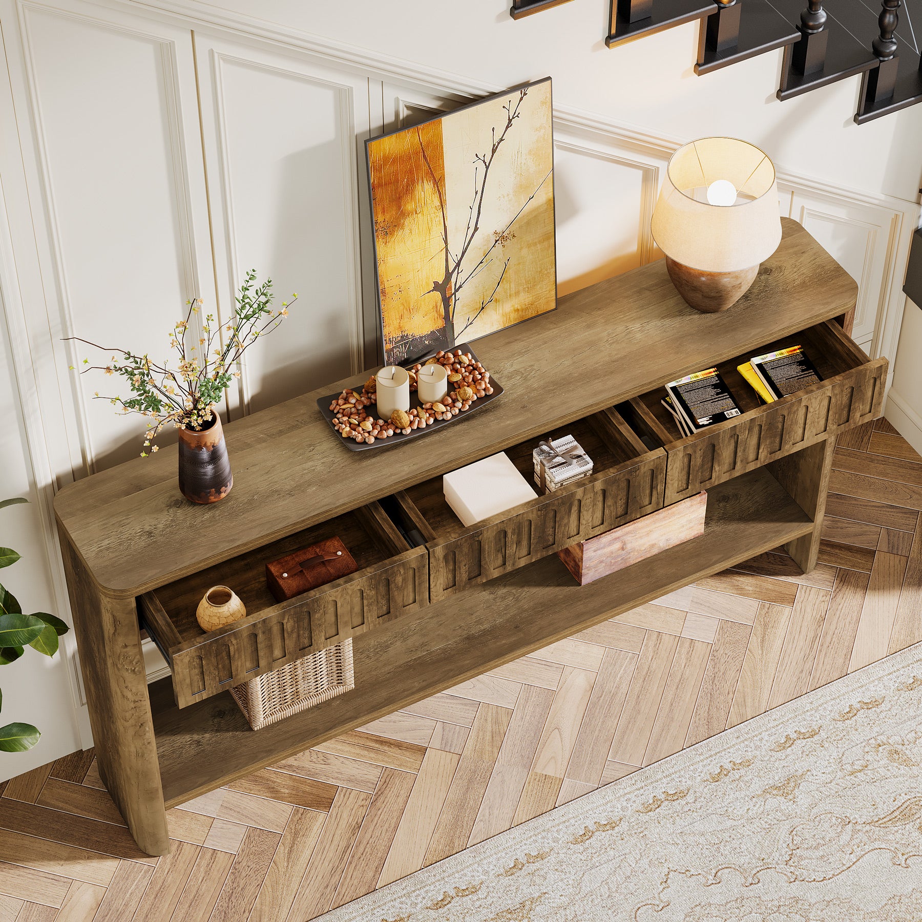 63" Rustic Fluted Console Table, Wood Entryway Table  with 3 Drawers for Living Room