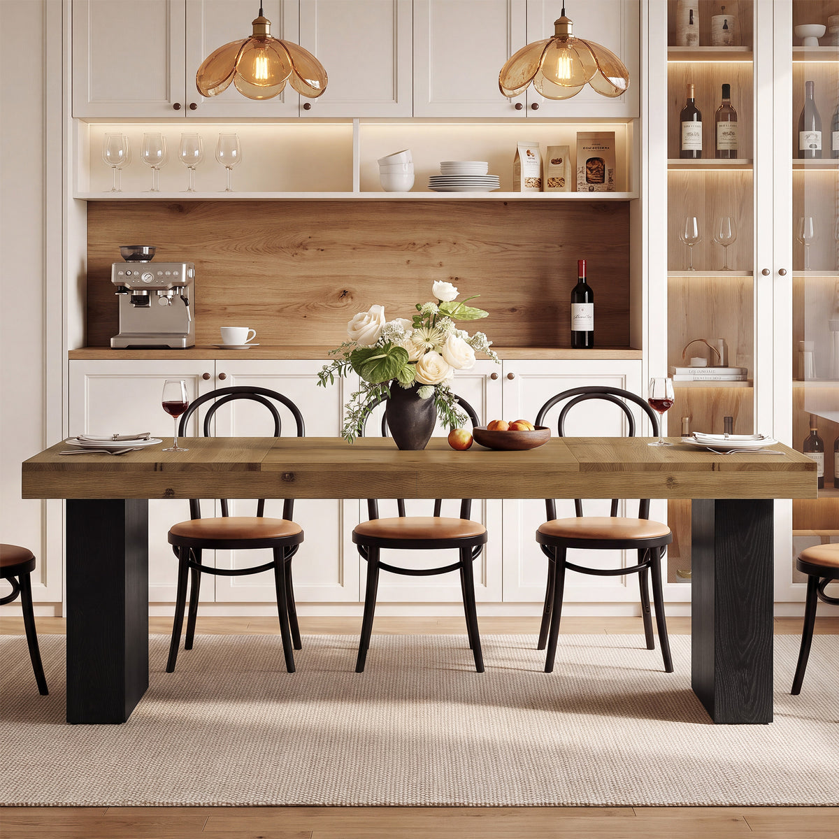 79" Solid Wood Dining Table, Rectangular Kitchen Table with Double Pedestal Base for 6–8 People