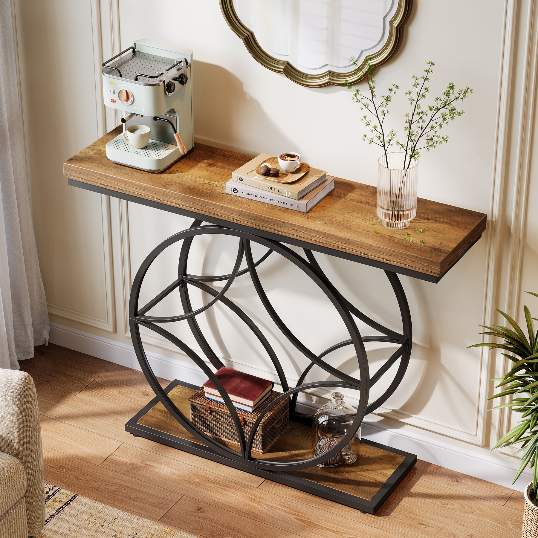 47" Console Table, Industrial 2-Tier Sofa Table with Geometric Metal Frame