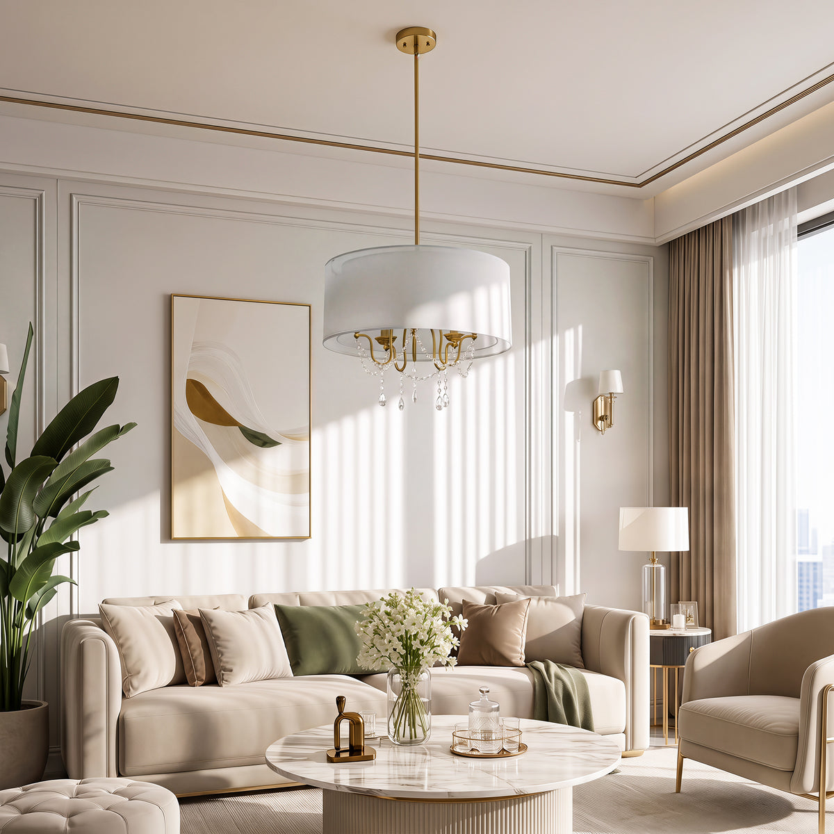 19.7" Gold Crystal Drum Chandelier, Modern 5-Light Pendant Light