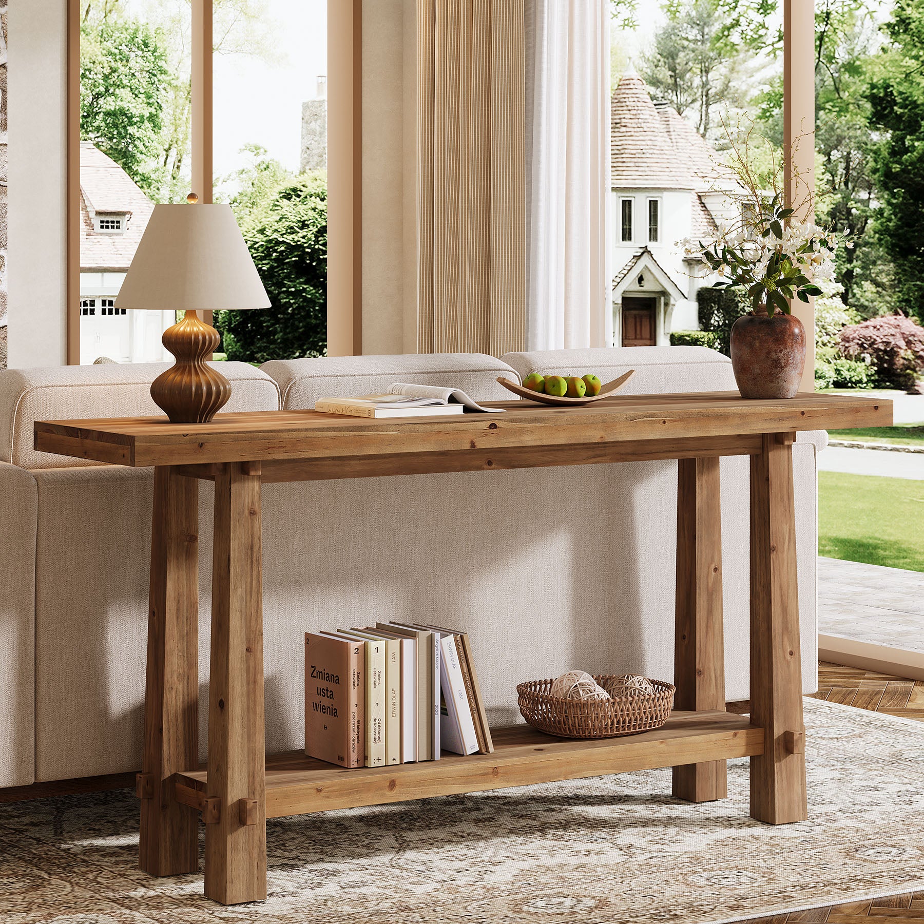 63" Solid Wood Console Table with Shelf, Farmhouse Narrow Entryway & Sofa Table for Hallway or Behind Couch