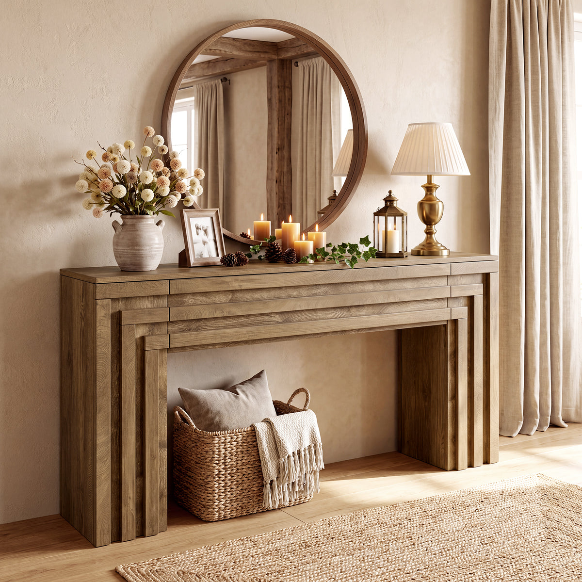63" Console Table with Storage Cabinet, Entryway Sofa Table with Layered Geometric Frame