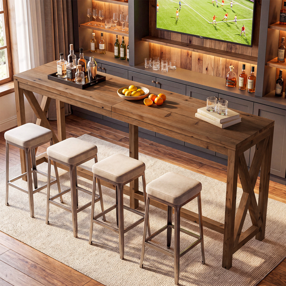 78.74" Solid Wood Bar Table, Counter Height Pub Table with X-Shaped Frame & Footrest for 6-8