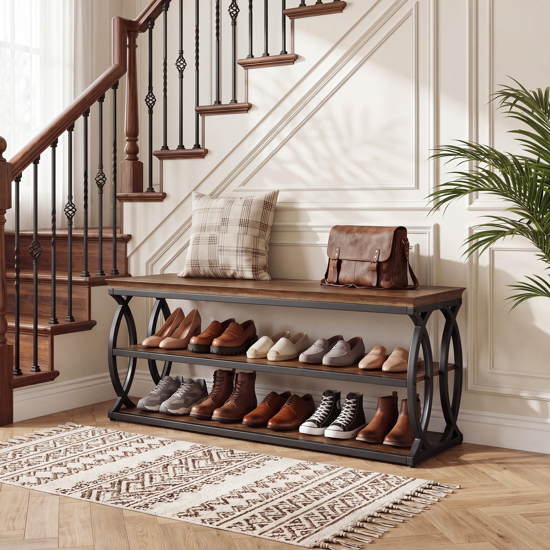 Shoe Storage Bench with 3-Tier Rack, Industrial Wooden Shoe Organizer for Hallway Living Room Closet