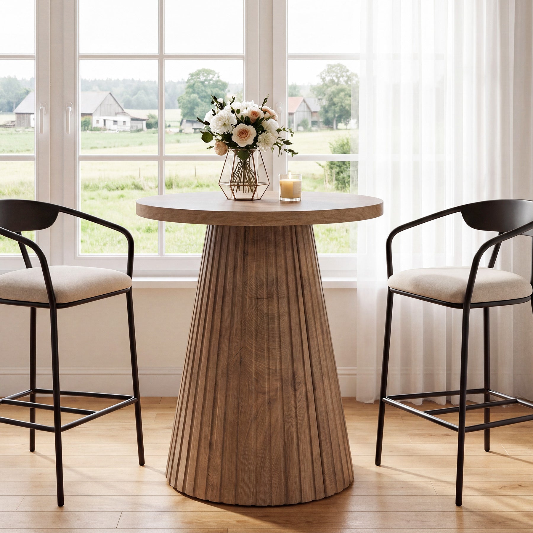 Farmhouse Round Bistro Table, Rustic Fluted Wine Barrel Base, 35" Bar Height Pub Table