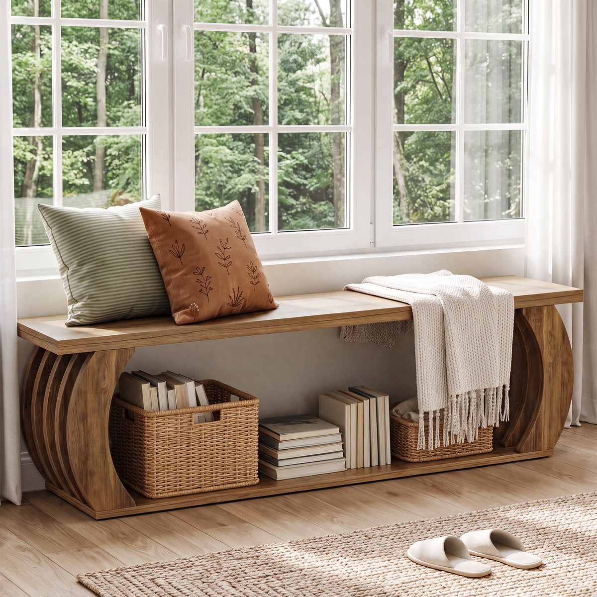 63" Farmhouse End of Bed Bench with Storage, 2-Tier Curved Hollow Legs