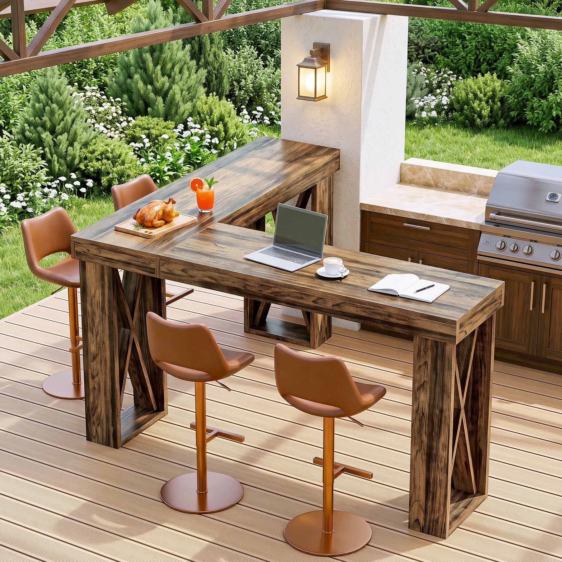 L-Shaped Bar Table, 63" x 55" High Top Corner Dining Table Pub Table with X-Cutout Leg