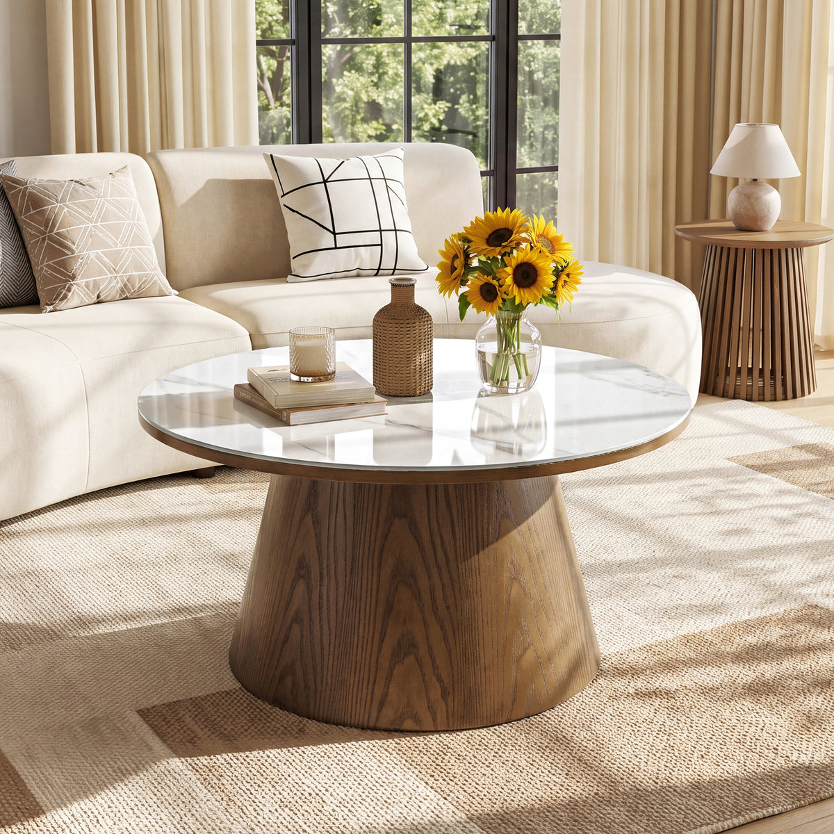 32" Round Coffee Table with Sintered Stone Top, Sculptural Solid Wood Pedestal Base