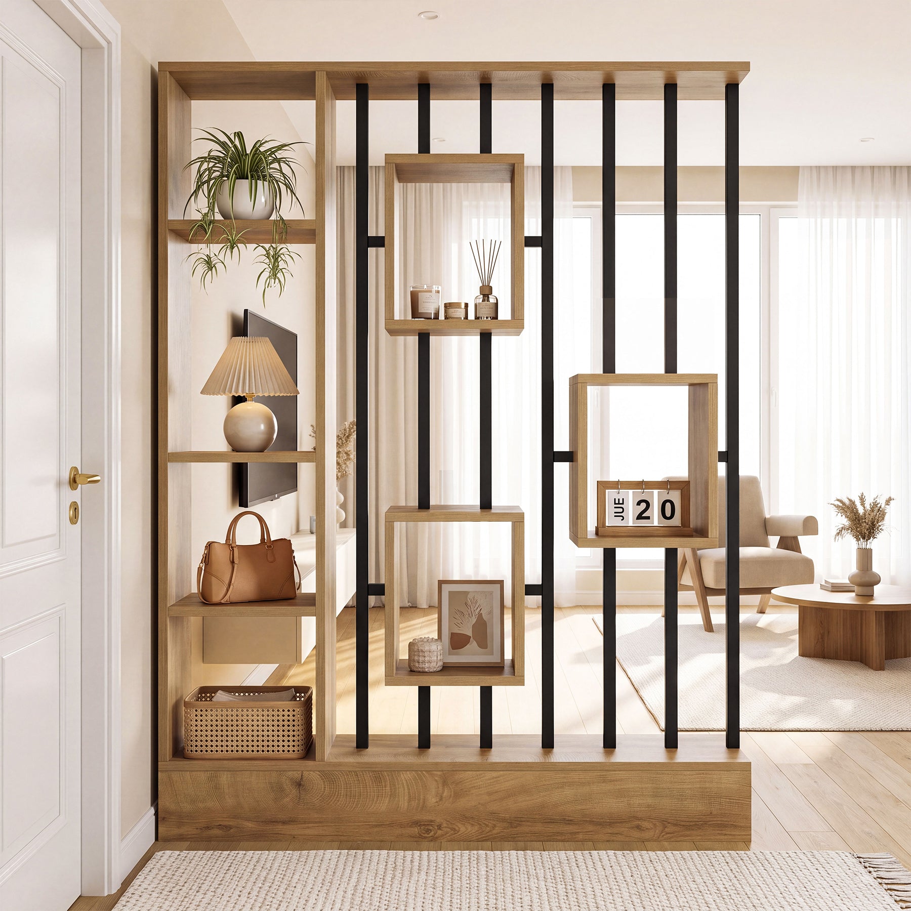 71" Room Divider with Shelves & Coat Hooks, Freestanding Wall Partition, Bedroom Living Room