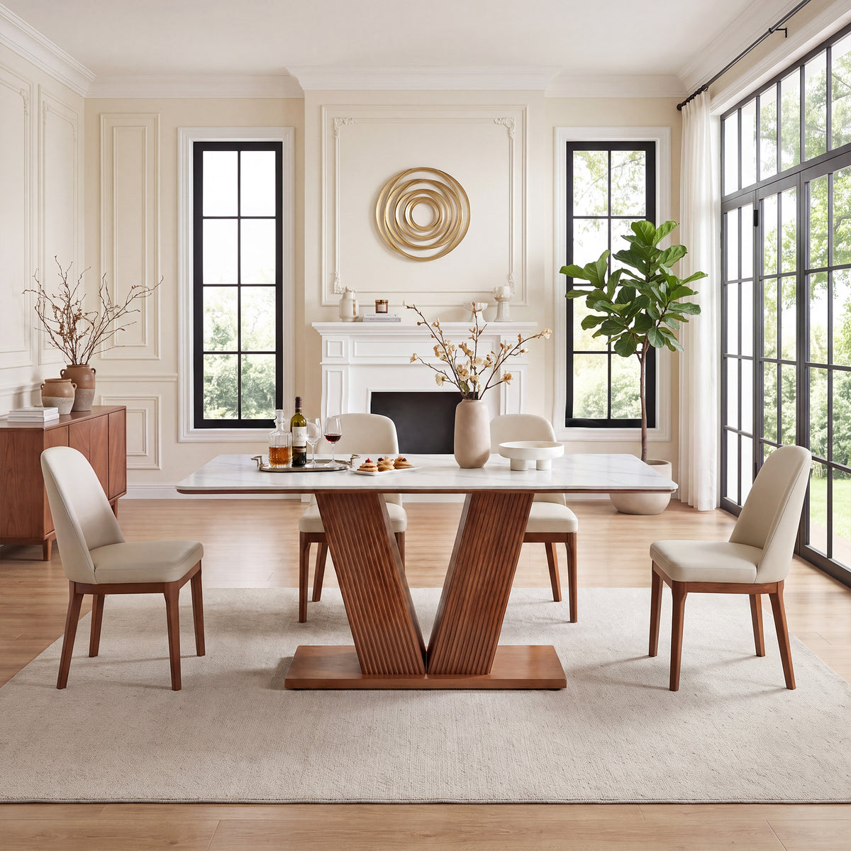 63" Sintered Stone Dining Table for 4-6, Fluted Pedestal Base, Rectangle
