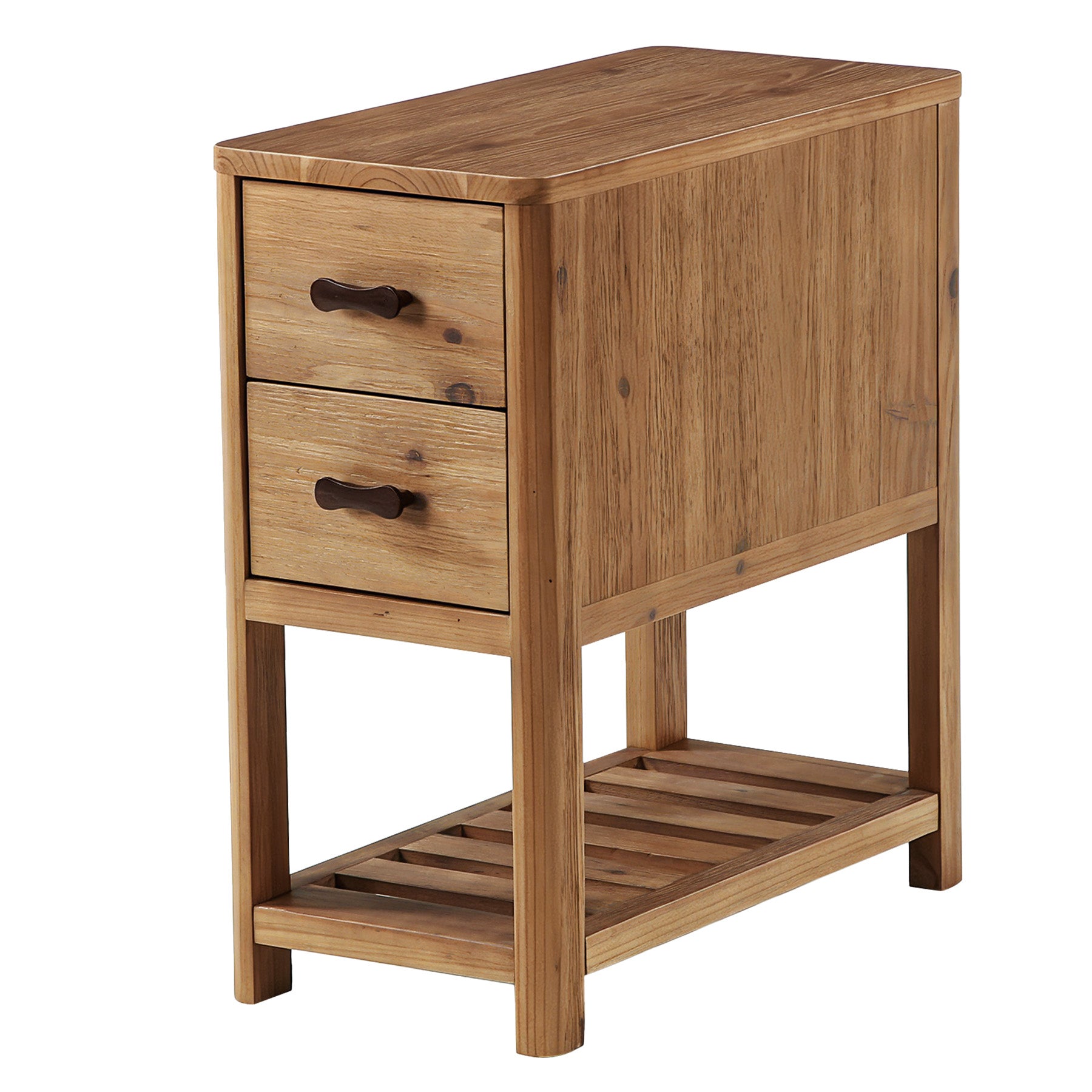 Farmhouse Narrow Nightstand with 2 Drawers, Solid Wood Skinny Bedside Table, Bedroom