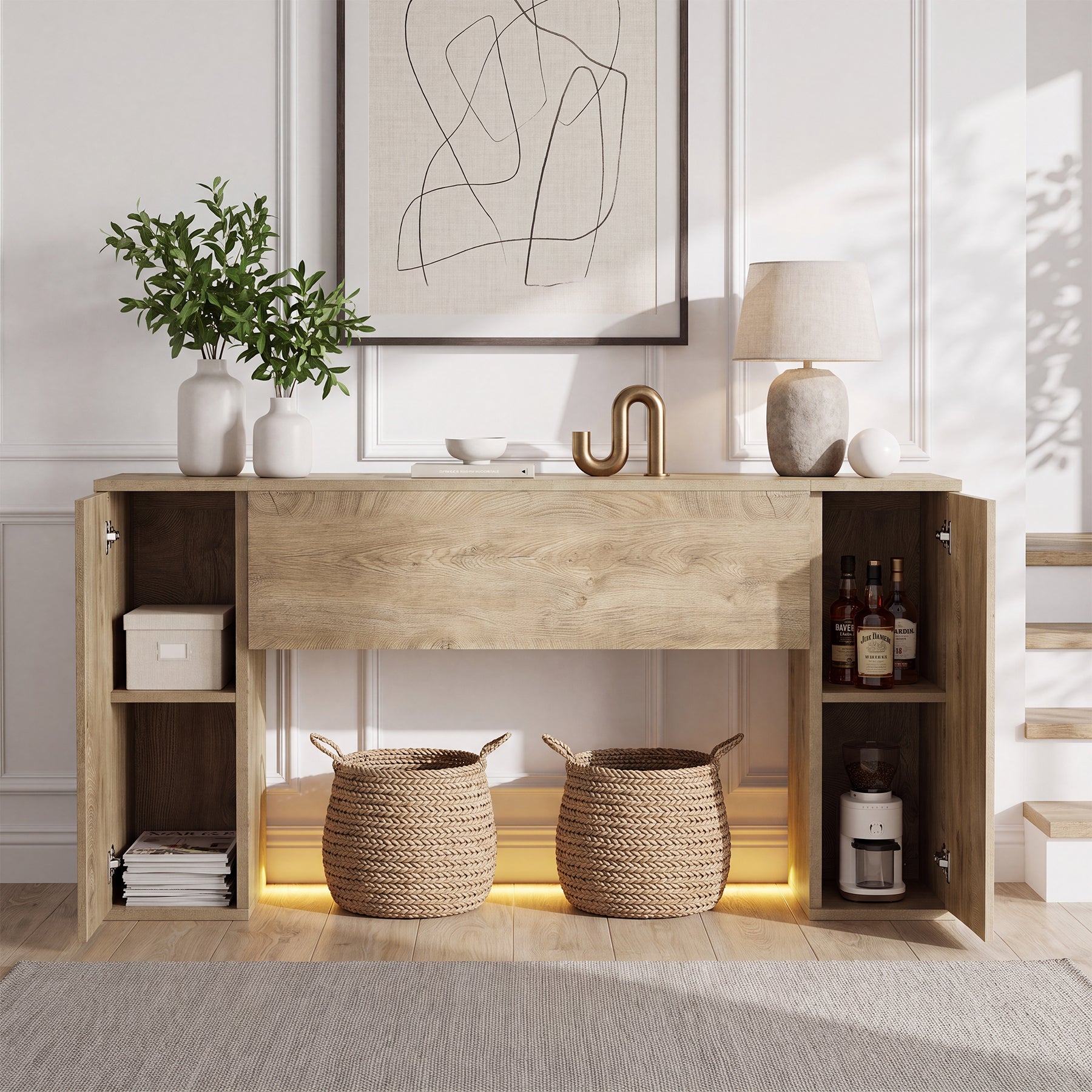 78.7” Extra Long Console Table, Farmhouse Entryway Table with 2 Hidden Storage Cabinets
