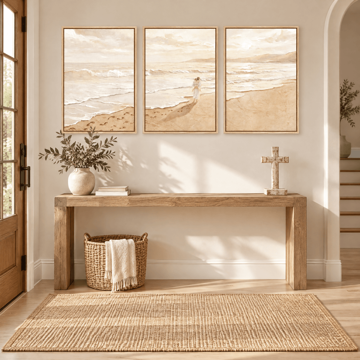 Tribesigns 3-Piece Christian Footprints Wall Art, Beach Framed Canvas Prints
