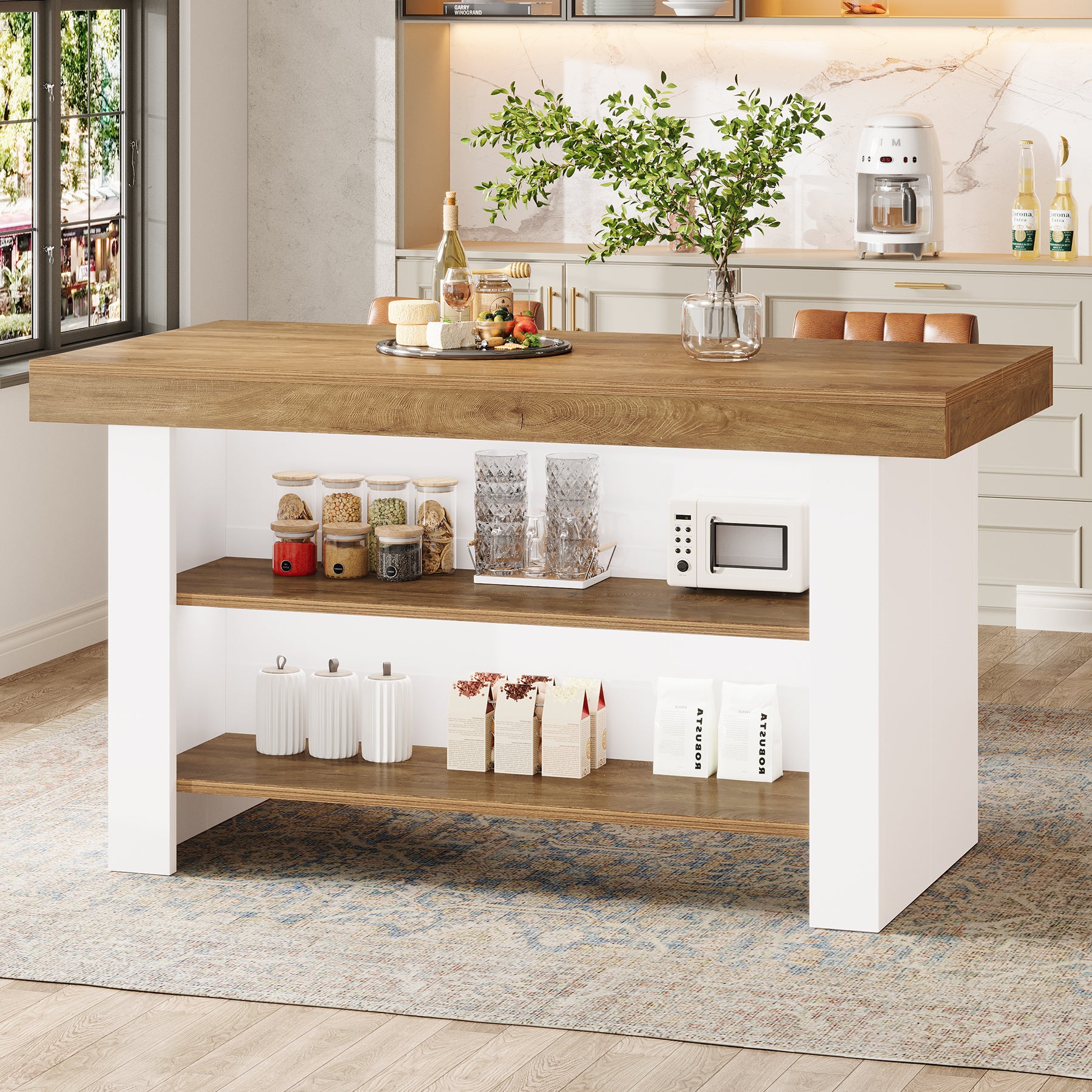 55" Kitchen Island, Farmhouse Center Island with 2 Tier Storage