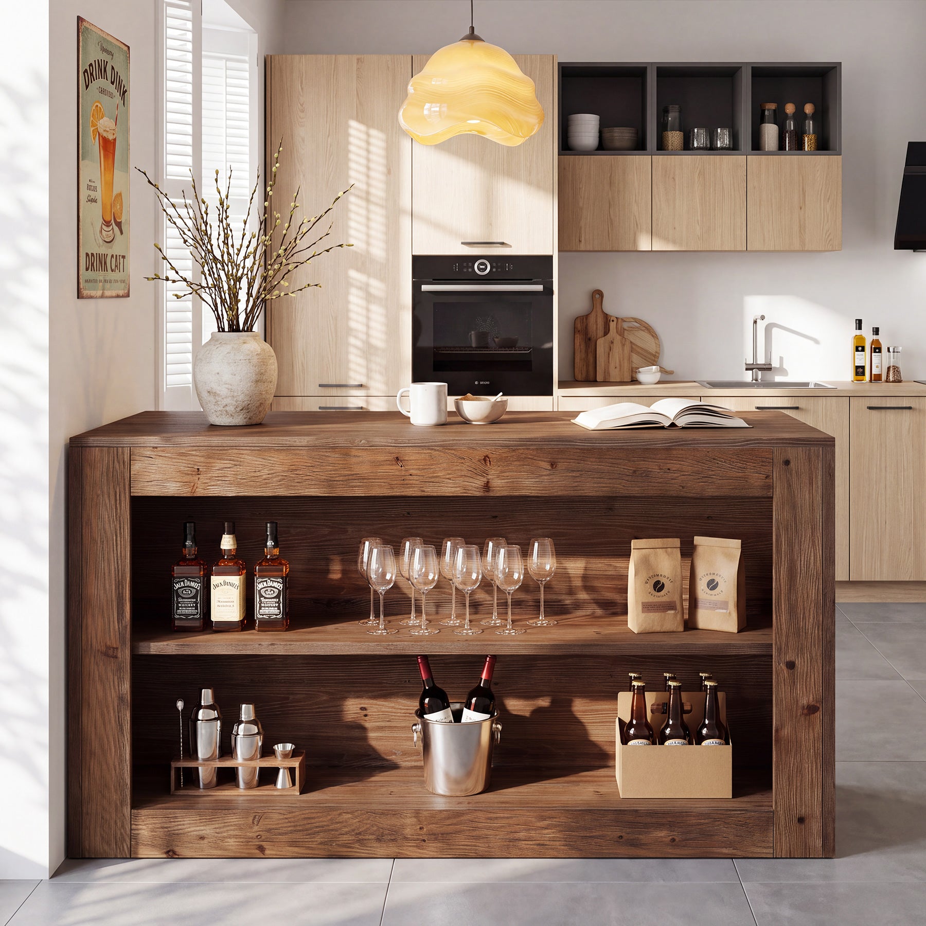 55" Solid Wood Home Bar Table, Farmhouse Counter Height Pub Table with 2-Tier Storage