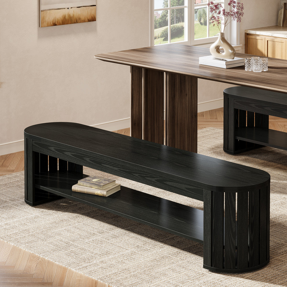 63" Dining Bench, Farmhouse Kitchen Dining Seat with Arc Vertical Slat Splicing Legs