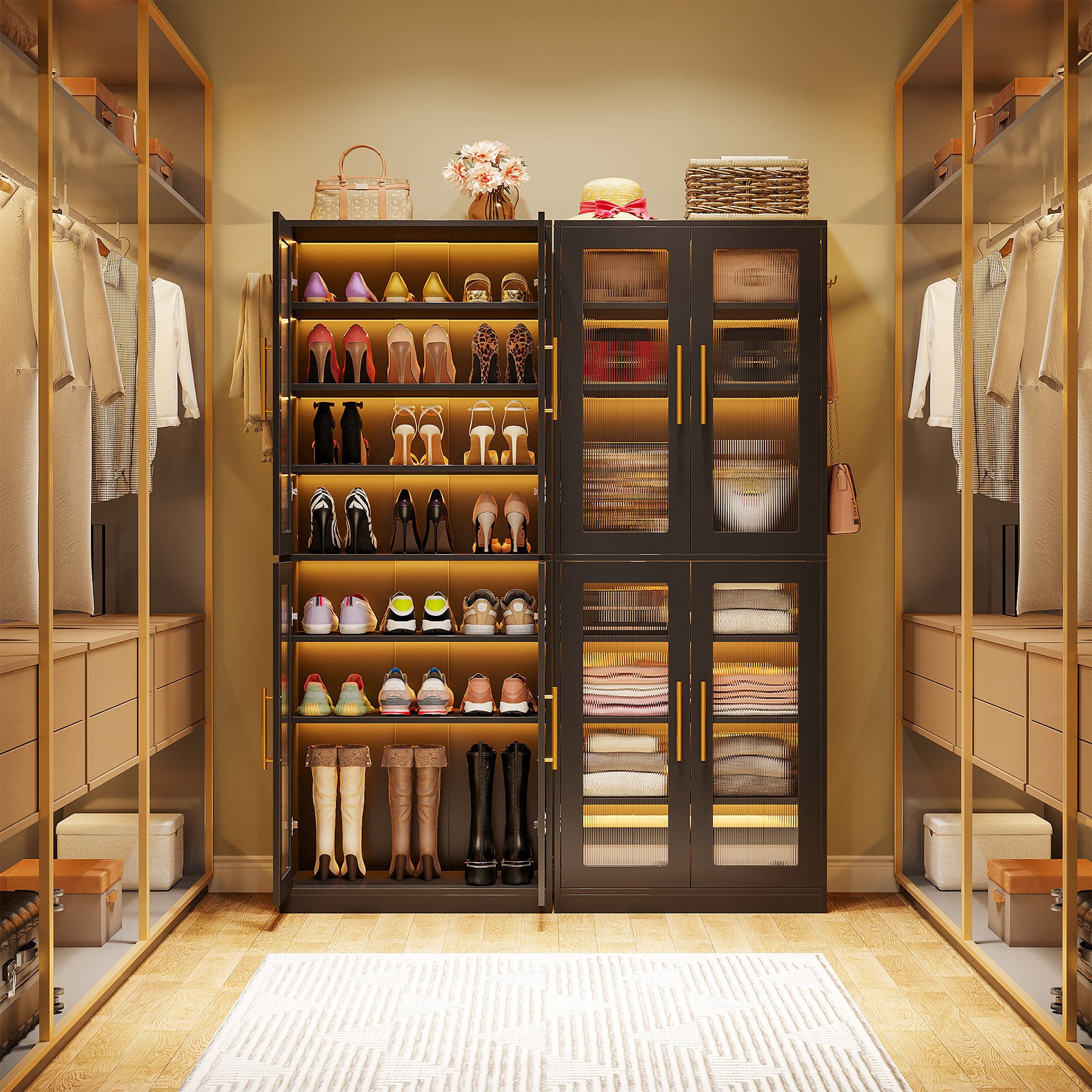 66.9" Tall Shoe Storage Cabinet, 8-Tier Entryway Shoe Organizer Rack with Acrylic Doors and LED Lights