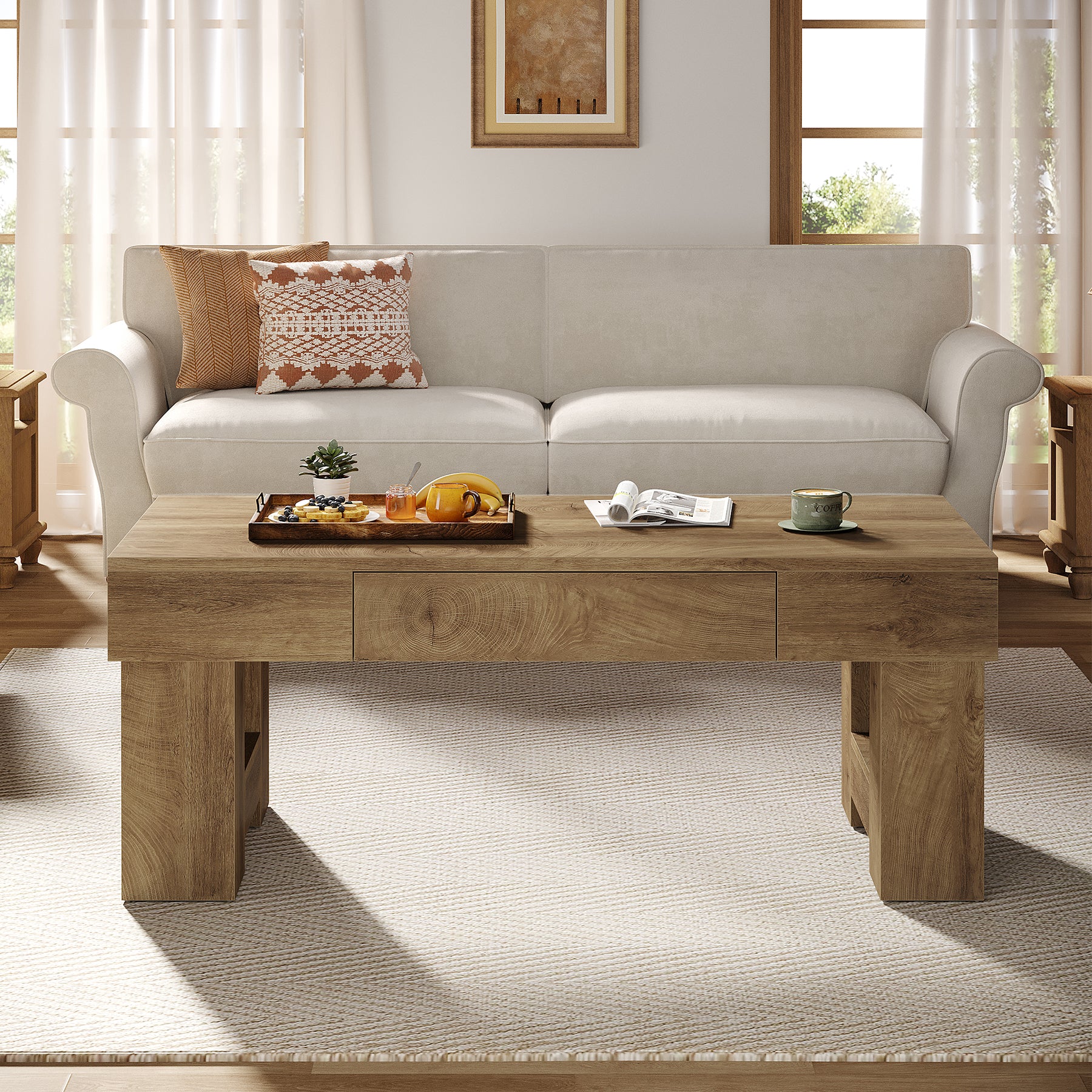 Coffee Table with Storage Drawer, 47" Farmhouse Center Cocktail Table