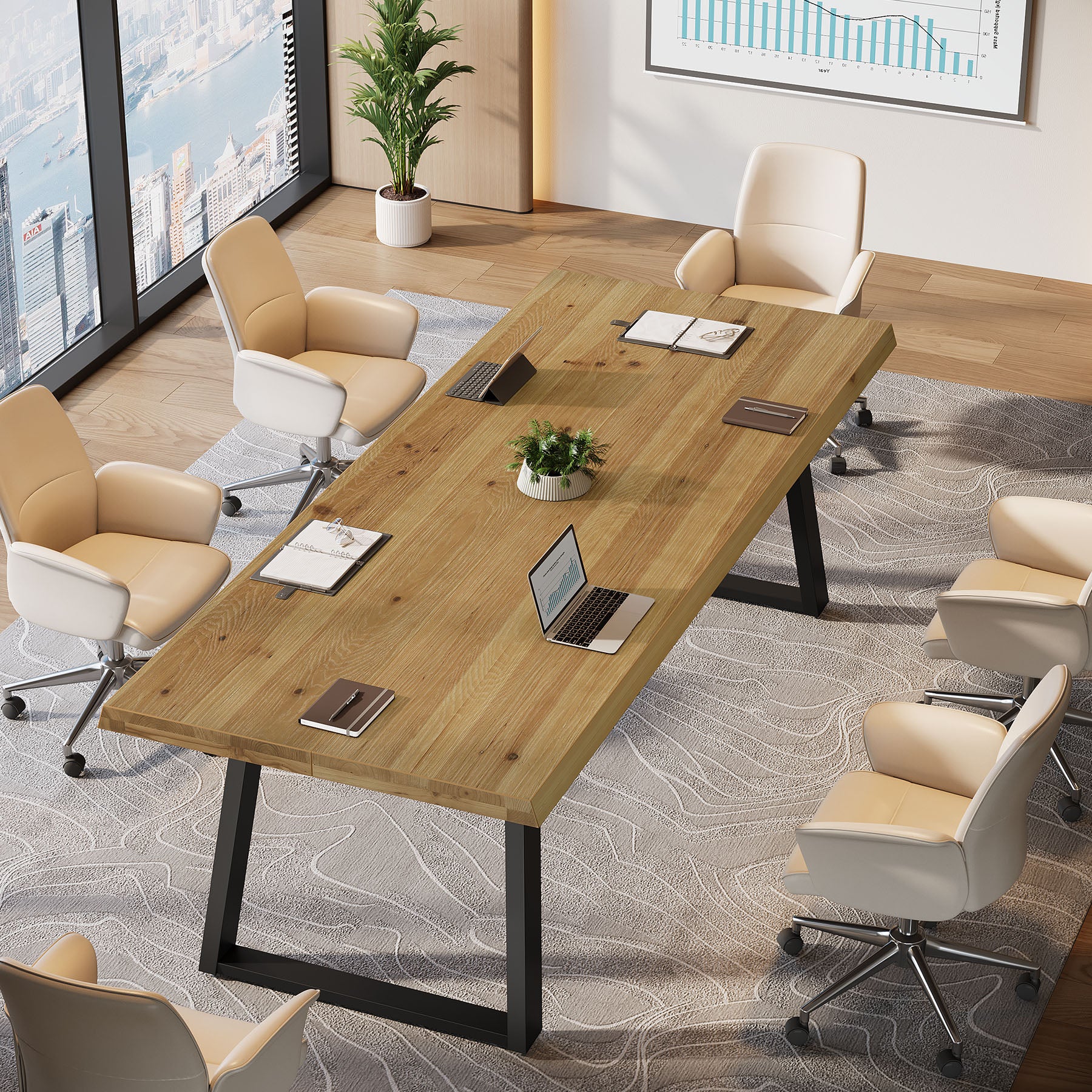 63" Solid Wood Conference Table, Farmhouse Computer Desk with Metal Legs