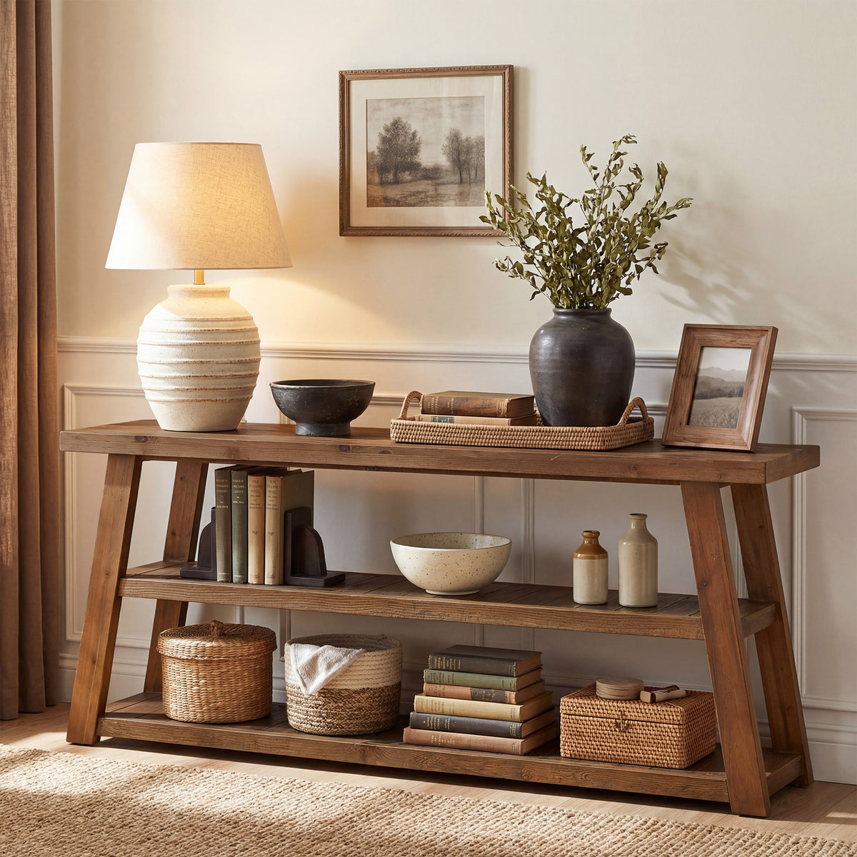 63" Solid Wood Console Table, 3-Tier Farmhouse Entryway Table with Storage Shelves