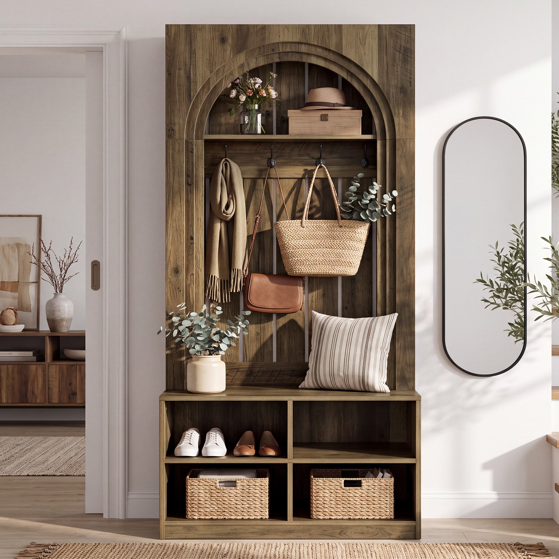 70.9" Arched Hall Tree, Farmhouse Entryway Coat Rack With Shoe Cubby Storage
