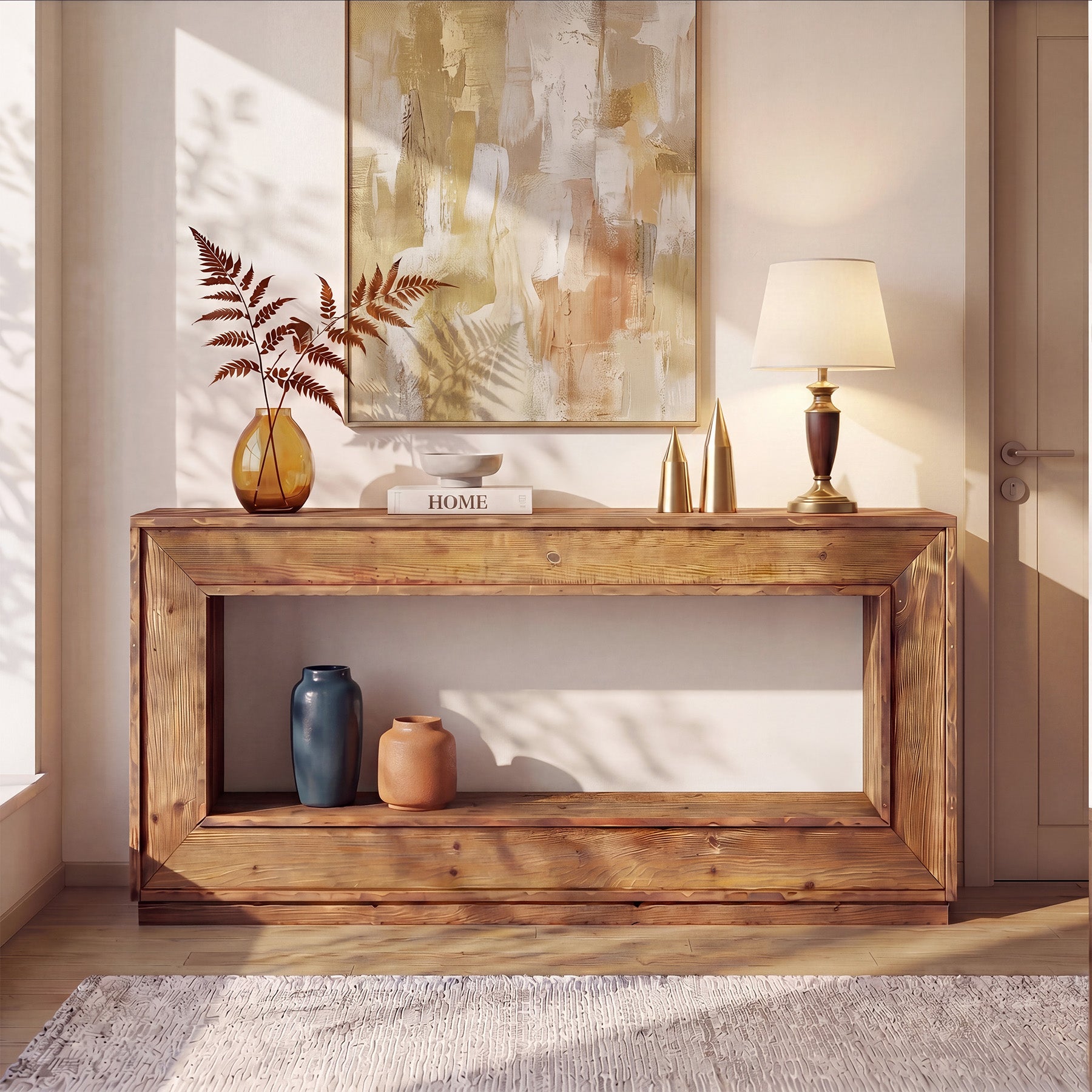 63" Solid Wood Console Table, Farmhouse Entryway Table with Storage for Living Room