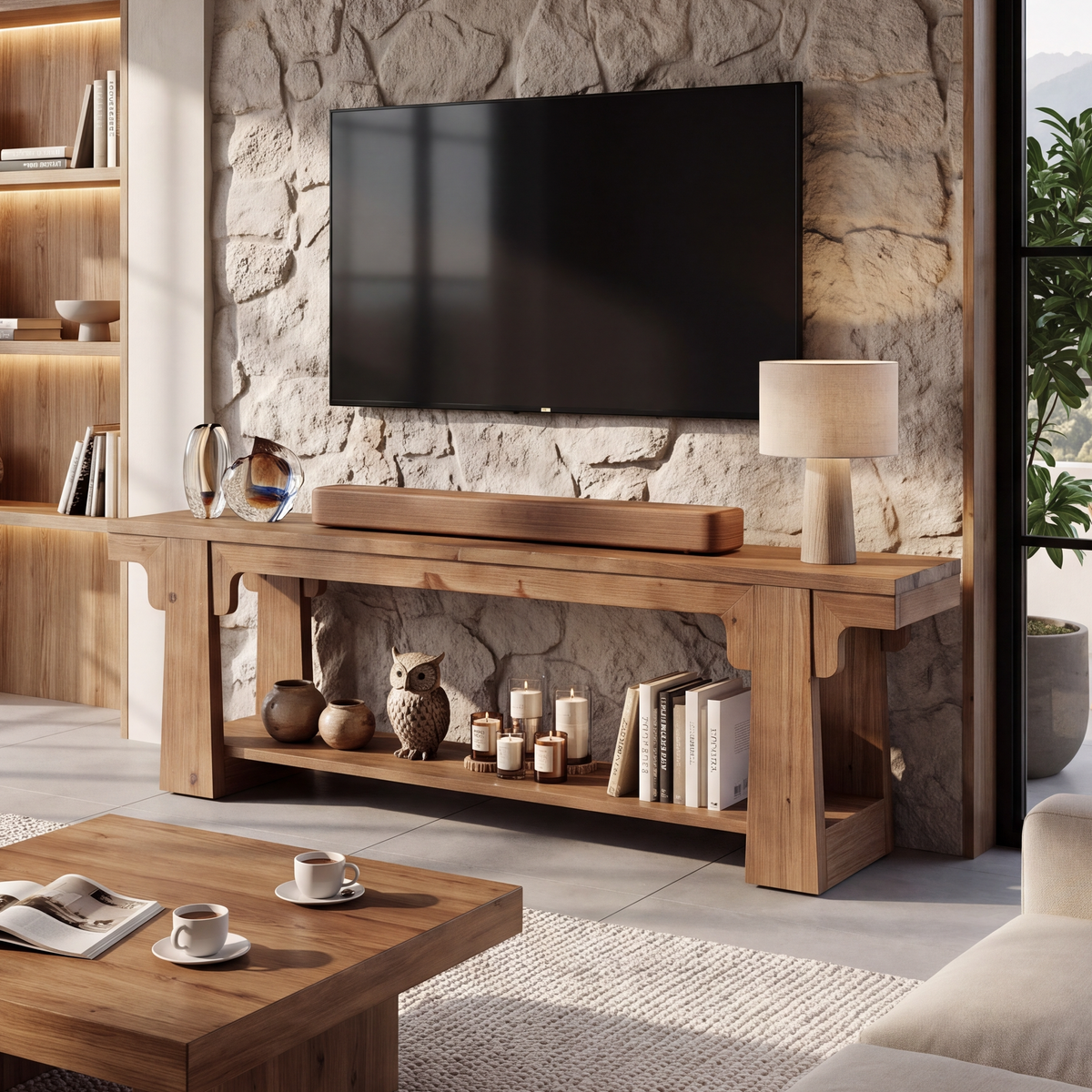 63" Farmhouse Solid Wood TV Stand for 75" TV, 2-Tier Open Shelf, Living Room